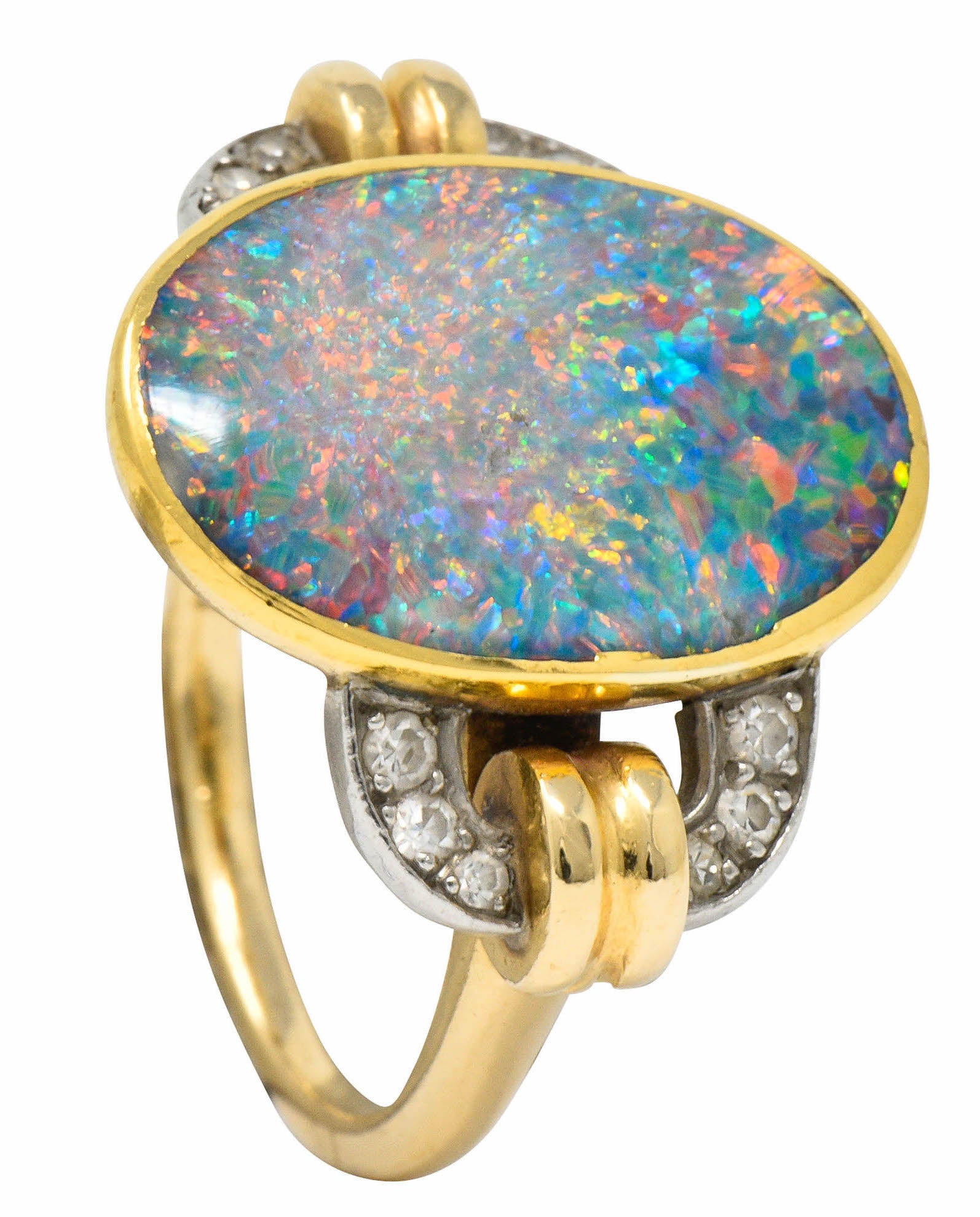 Retro Black Opal Diamond 14 Karat Gold Platinum Buckle RingRing - Wilson's Estate Jewelry