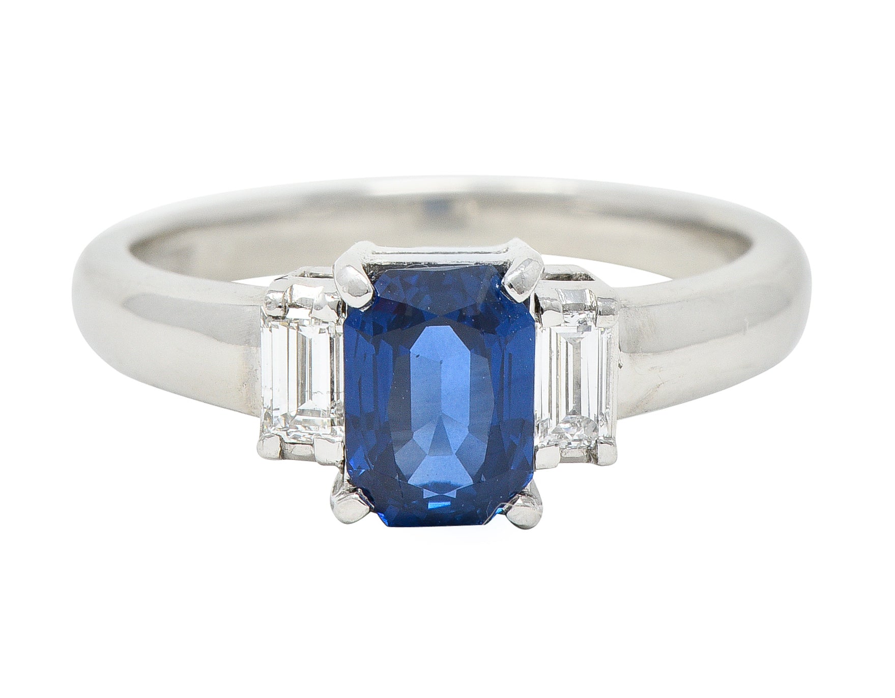 Contemporary 2.01 CTW Cushion Cut Sapphire Diamond Platinum Three Stone Ring Wilson's Estate Jewelry