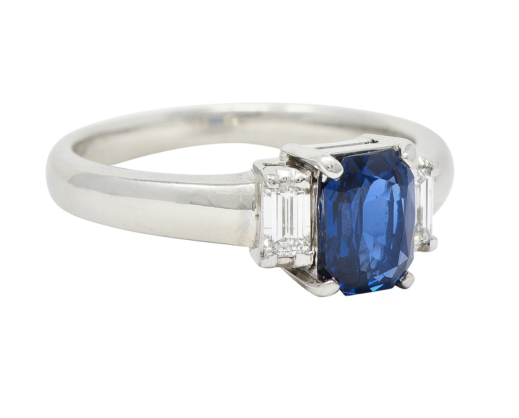 Contemporary 2.01 CTW Cushion Cut Sapphire Diamond Platinum Three Stone Ring Wilson's Estate Jewelry