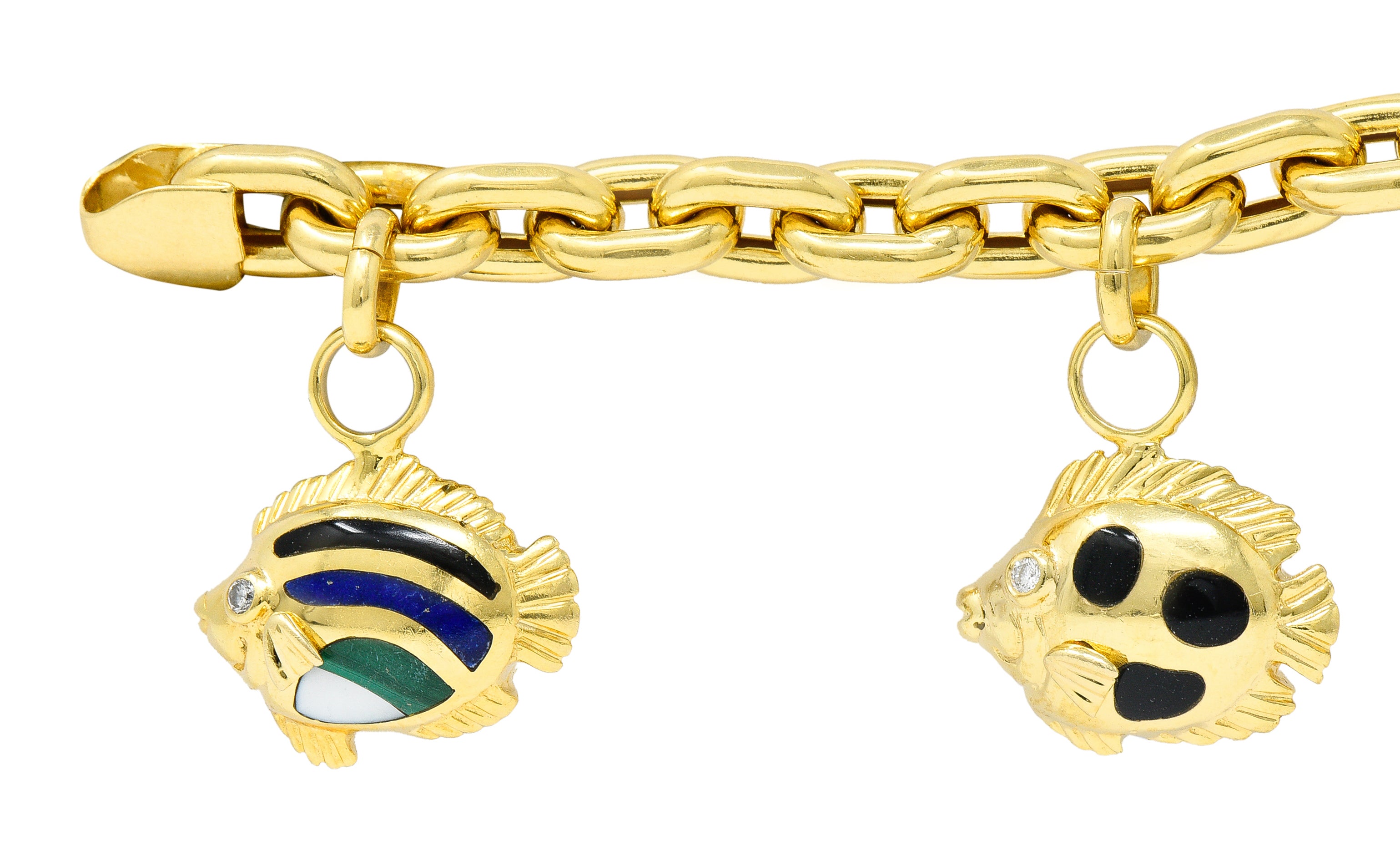 Grossbardt Diamond Inlaid Multi-Gem 18K Yellow Gold Fish Vintage Charm Bracelet