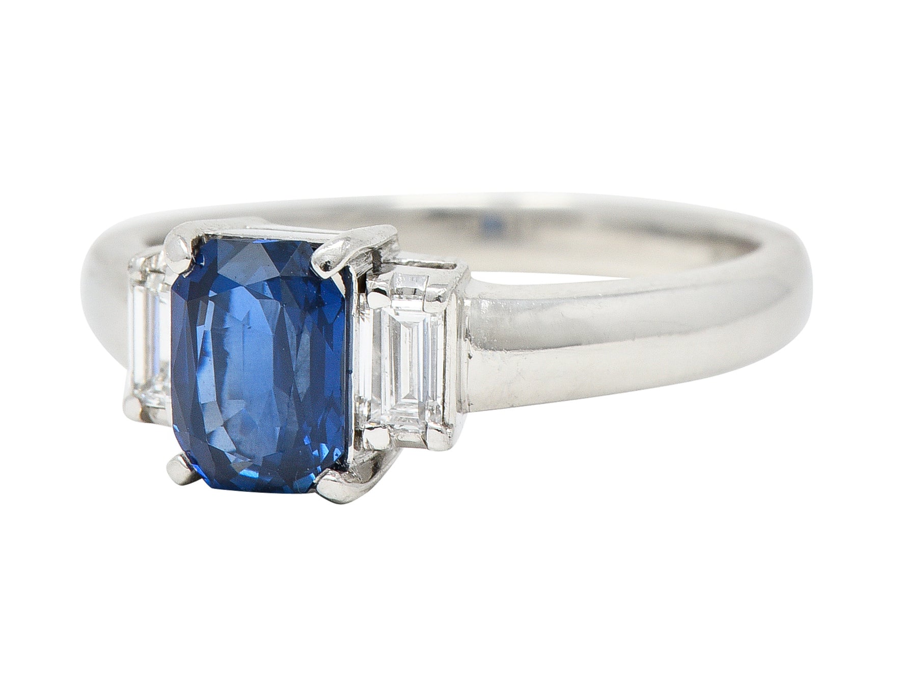 Contemporary 2.01 CTW Cushion Cut Sapphire Diamond Platinum Three Stone Ring Wilson's Estate Jewelry