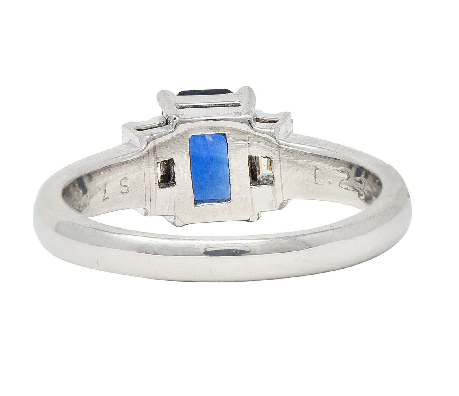 Contemporary 2.01 CTW Cushion Cut Sapphire Diamond Platinum Three Stone Ring Wilson's Estate Jewelry