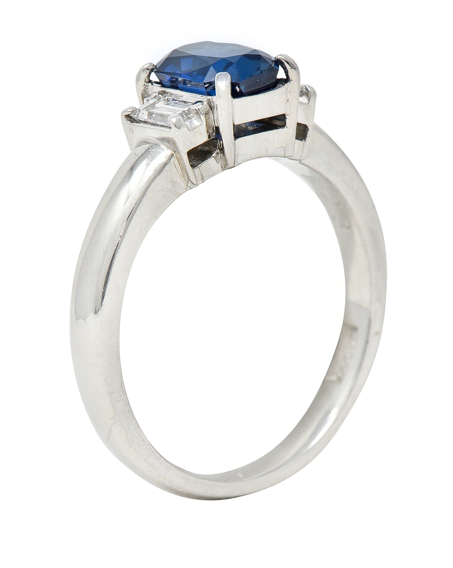 Contemporary 2.01 CTW Cushion Cut Sapphire Diamond Platinum Three Stone Ring Wilson's Estate Jewelry