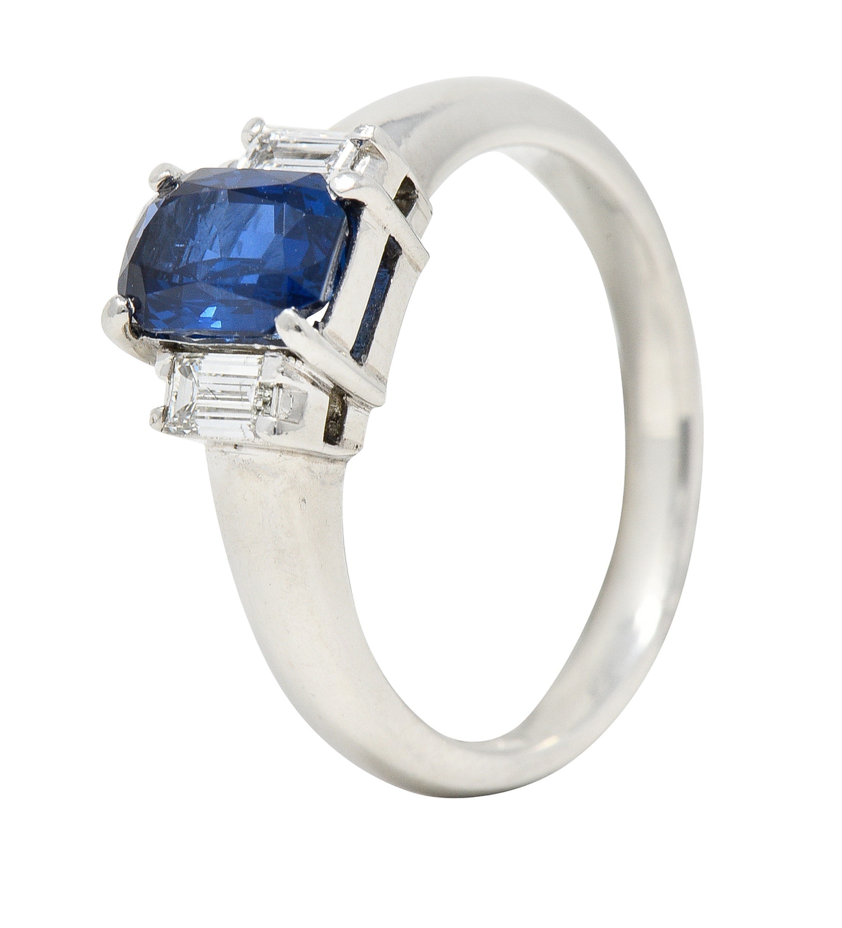 Contemporary 2.01 CTW Cushion Cut Sapphire Diamond Platinum Three Stone Ring Wilson's Estate Jewelry