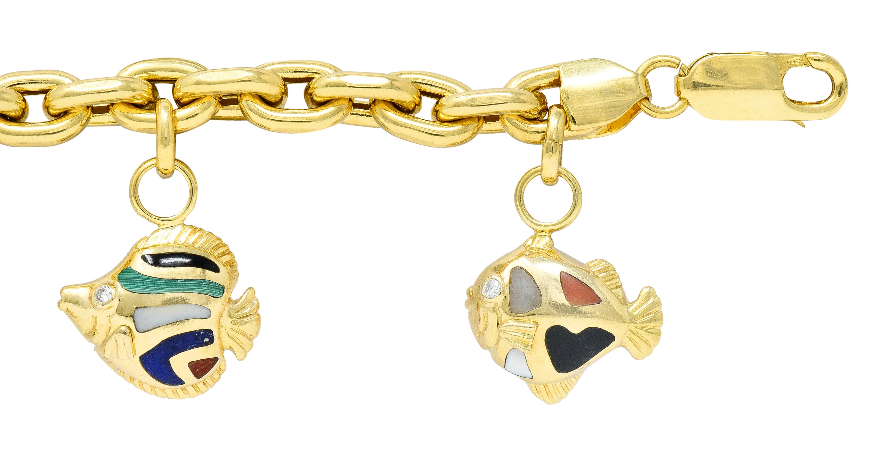 Grossbardt Diamond Inlaid Multi-Gem 18K Yellow Gold Fish Vintage Charm Bracelet