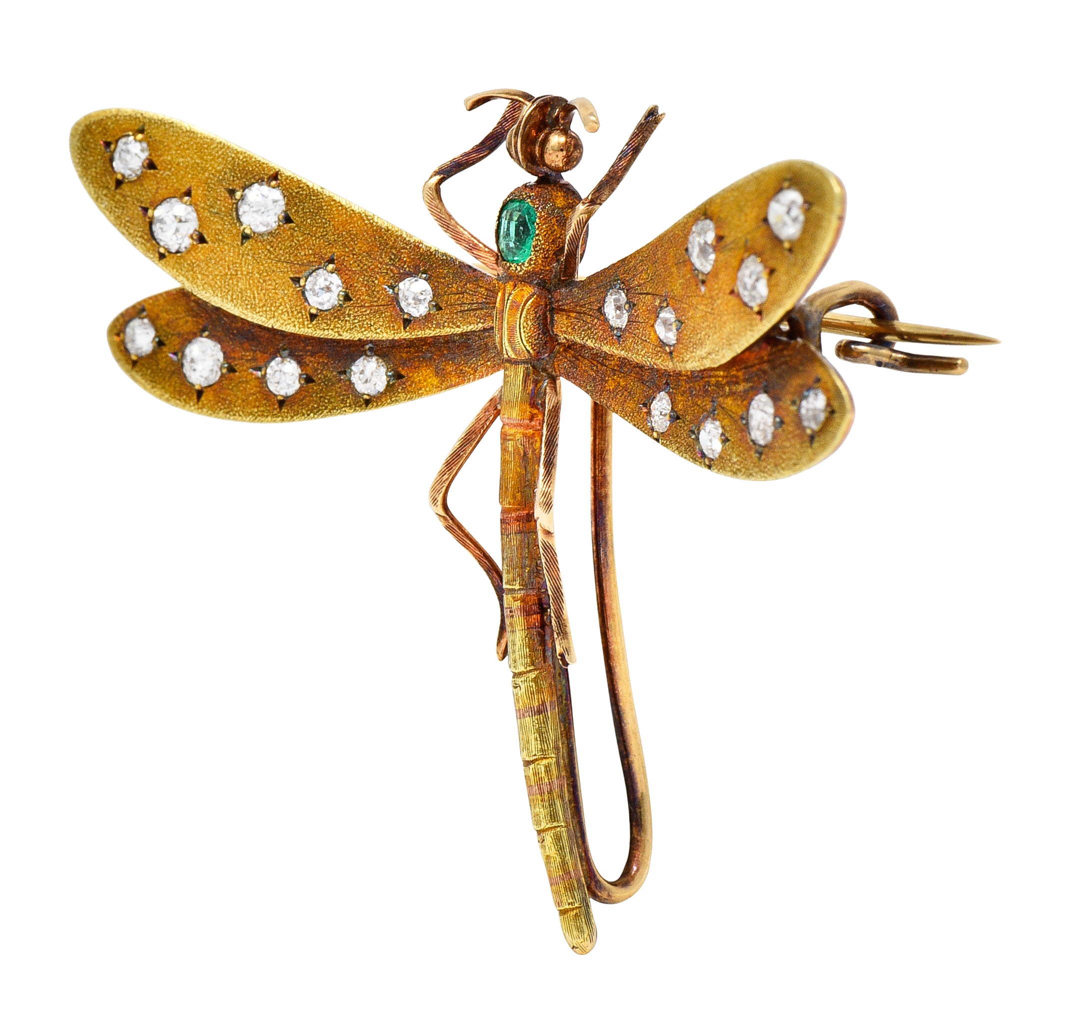 A.J Hedges & Co. Art Nouveau Emerald Diamond 14 Karat Yellow Gold Dragonfly Antique Brooch Wilson's Estate Jewelry