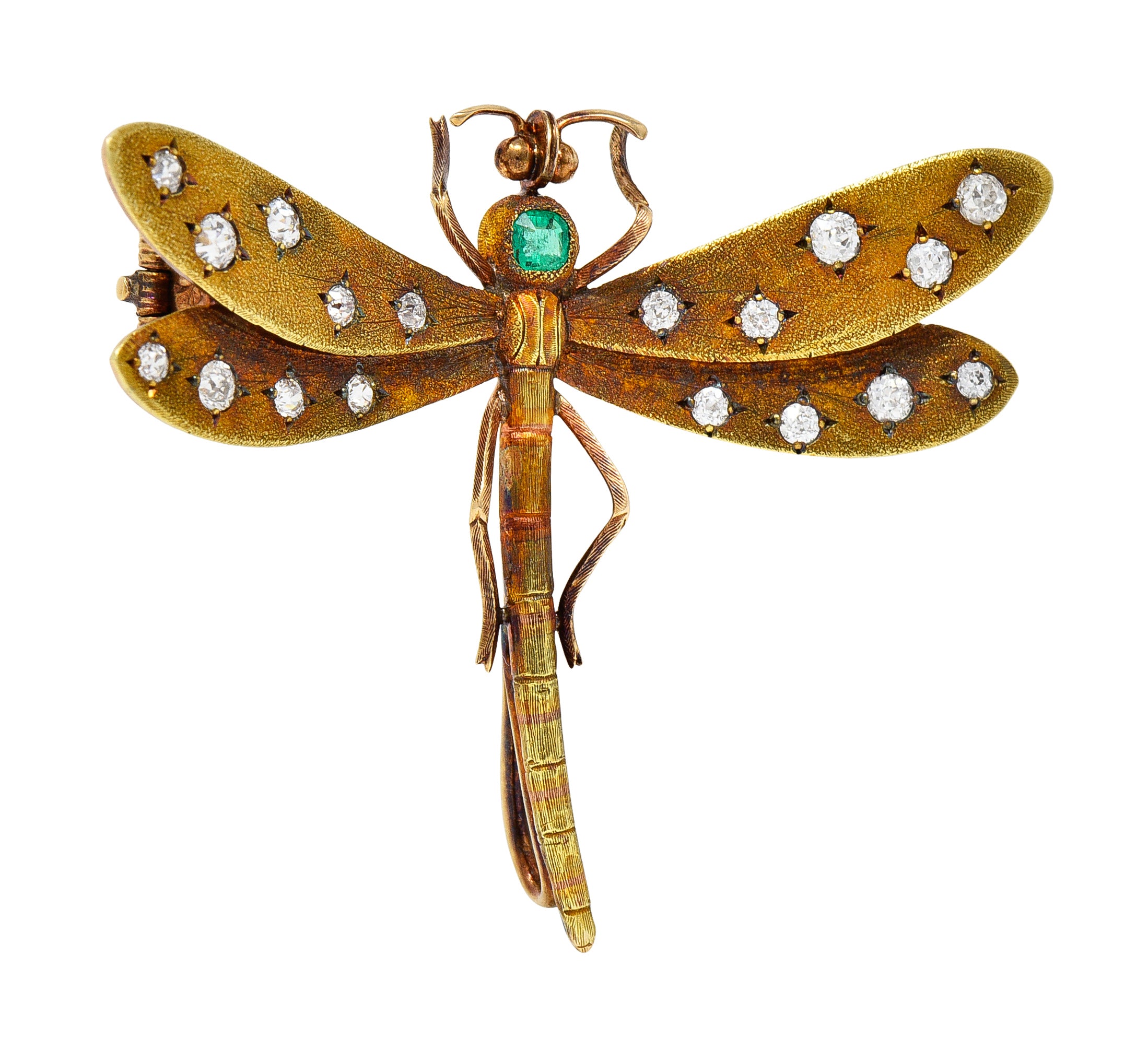 A.J Hedges & Co. Art Nouveau Emerald Diamond 14 Karat Yellow Gold Dragonfly Antique Brooch Wilson's Estate Jewelry