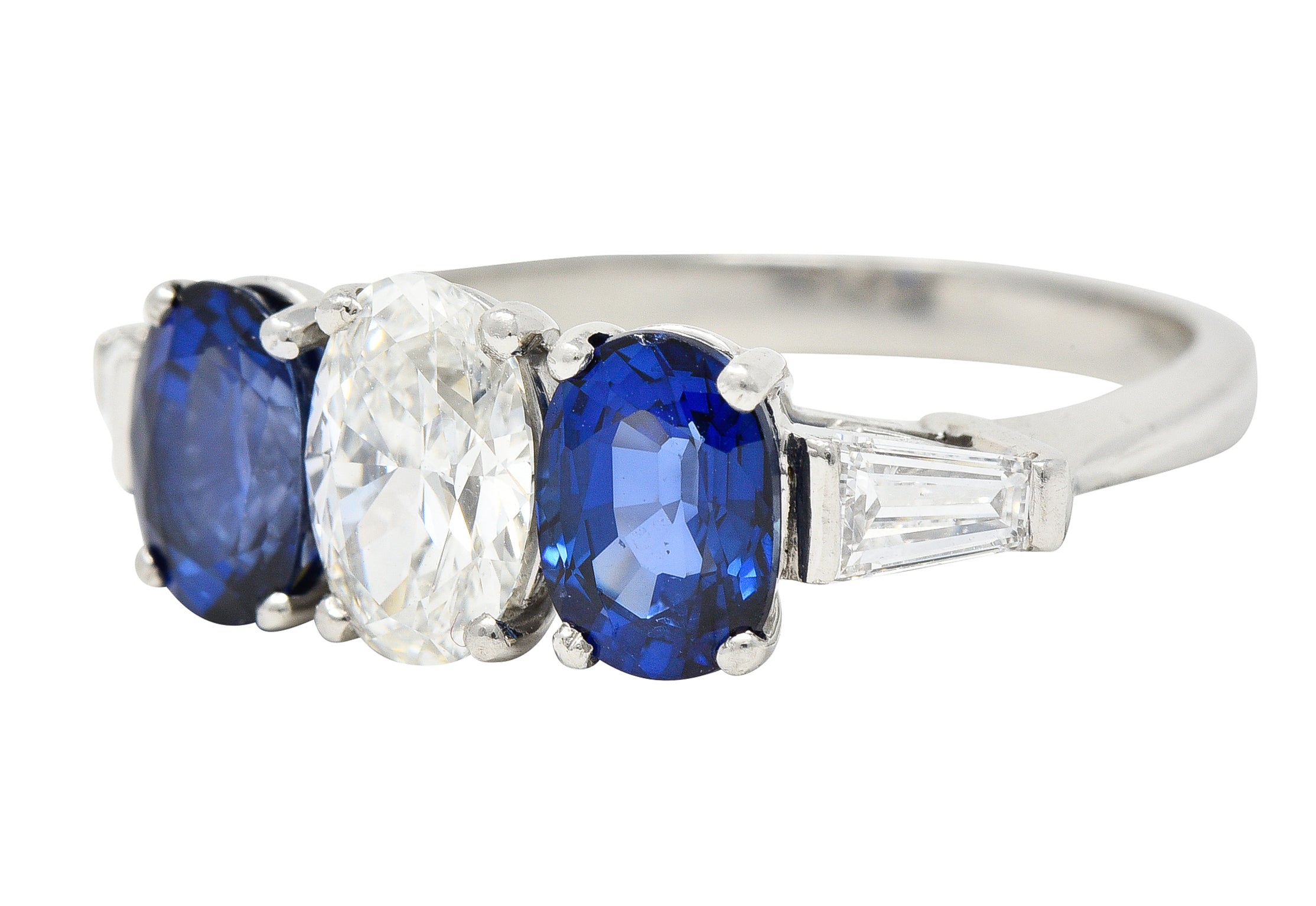 Vintage 3.12 CTW Oval Cut Sapphire Diamond Platinum Three Stone Ring Wilson's Estate Jewelry