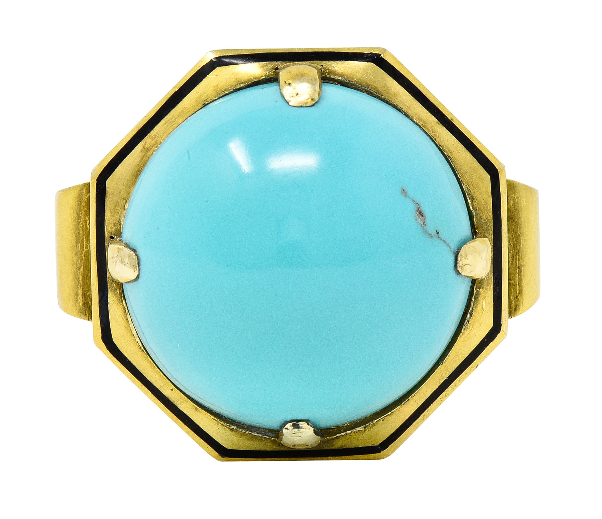 Victorian Turquoise Cabochon Enamel 14 Karat Green Gold Antique Statement Ring Wilson's Estate Jewelry