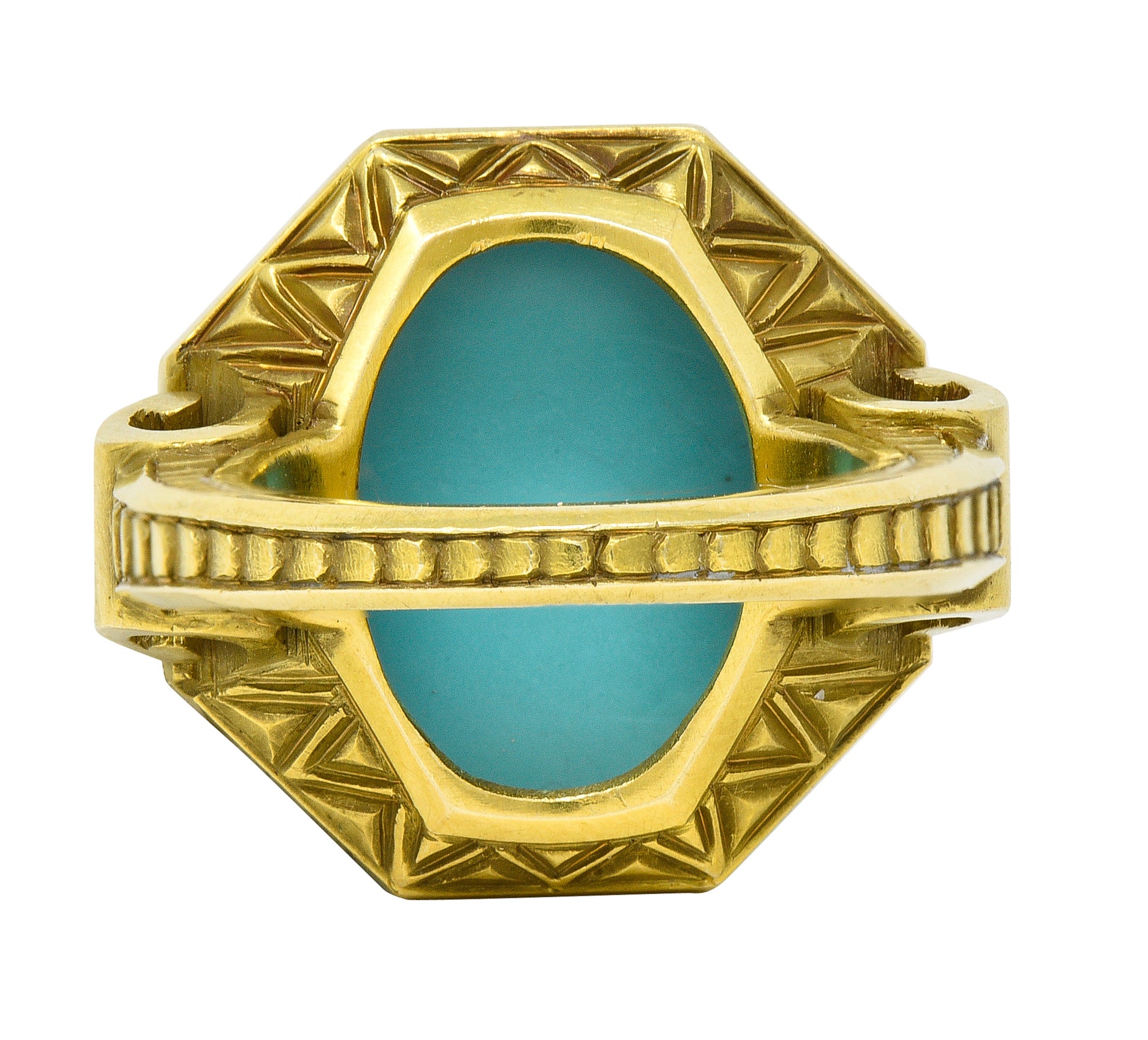 Victorian Turquoise Cabochon Enamel 14 Karat Green Gold Antique Statement Ring Wilson's Estate Jewelry