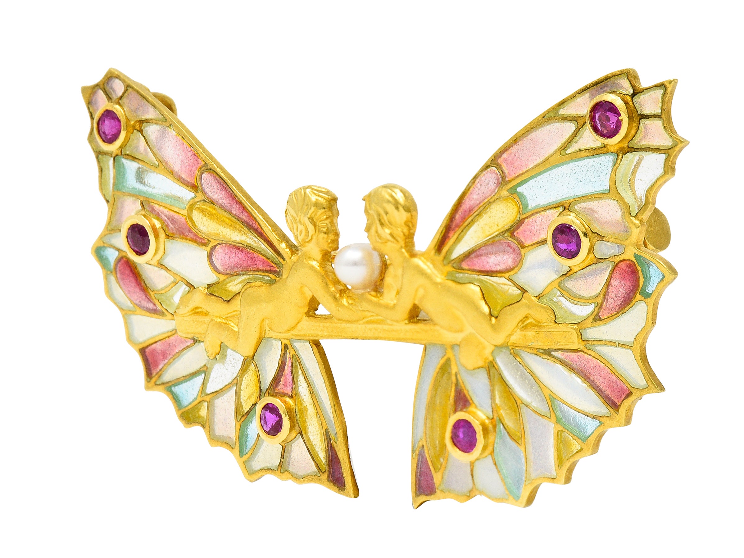 Masriera Ruby Pearl Plique-a-Jour Enamel 18 Karat Yellow Gold Fairy Pendant Brooch Wilson's Estate Jewelry