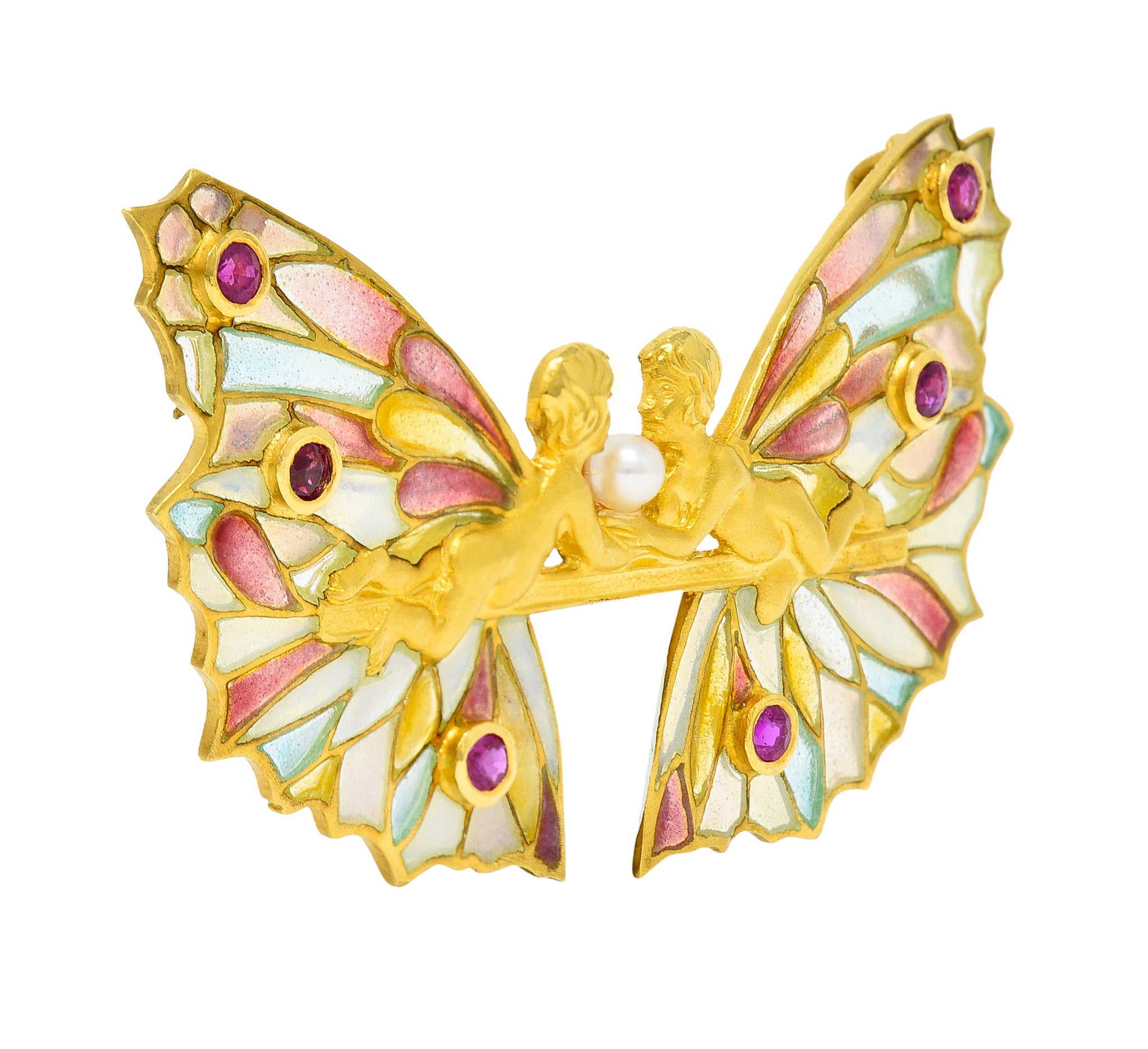 Masriera Ruby Pearl Plique-a-Jour Enamel 18 Karat Yellow Gold Fairy Pendant Brooch Wilson's Estate Jewelry