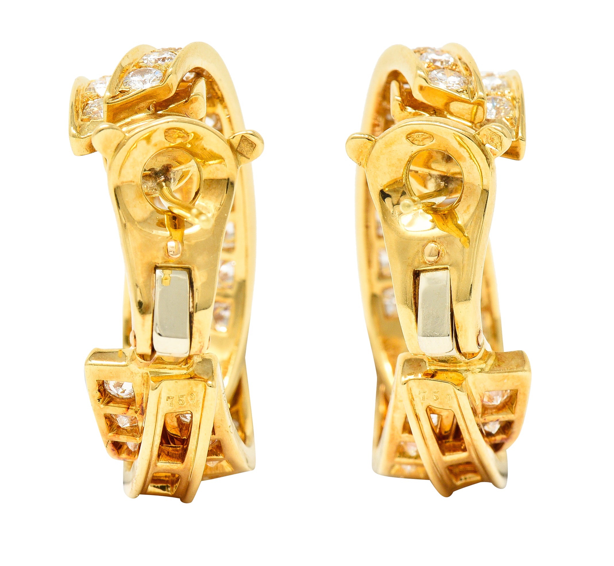 Cartier French 1990's 6.15 CTW Diamond 18 Karat Yellow Gold Twisting Trinity Inside/Outside J-Hoop Vintage Earrings Wilson's Estate Jewelry