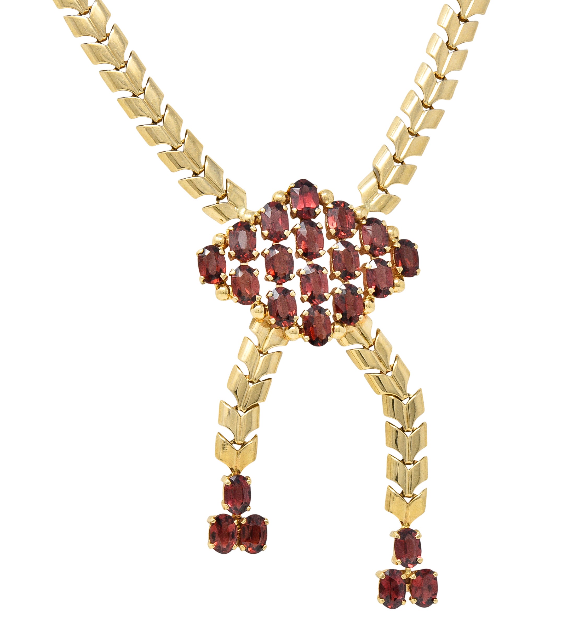 Tiffany & Co. Wordley Allsopp & Bliss Retro Garnet 14 Karat Yellow Gold Wheat Link Vintage Lariat Station Necklace Wilson's Estate Jewelry