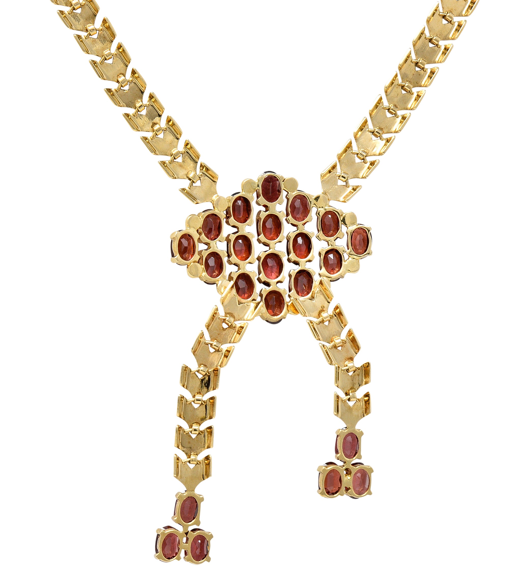 Tiffany & Co. Wordley Allsopp & Bliss Retro Garnet 14 Karat Yellow Gold Wheat Link Vintage Lariat Station Necklace Wilson's Estate Jewelry