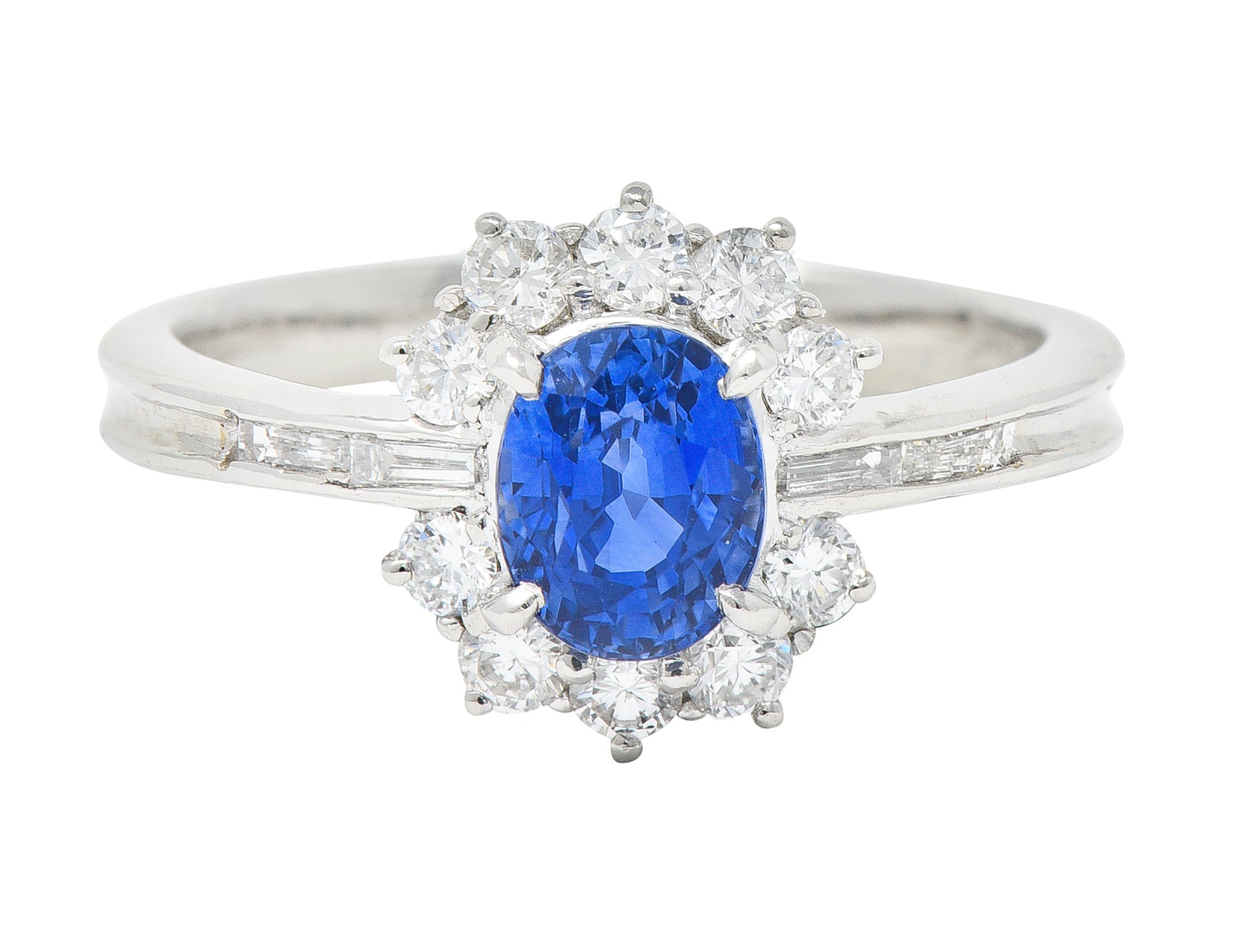 Contemporary 1.96 CTW Oval Cut Sapphire Diamond Platinum Cluster Ring Wilson's Estate Jewelry