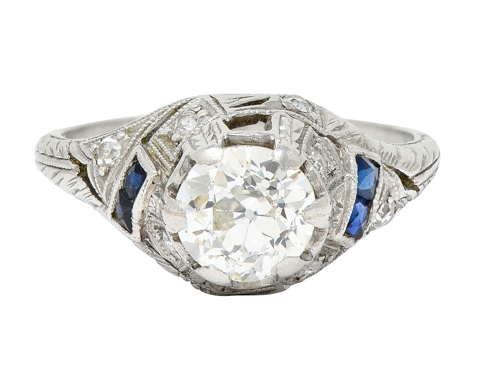 Art Deco 1.24 CTW Diamond Sapphire Platinum Foliate Engagement Ring Wilson's Estate Jewelry