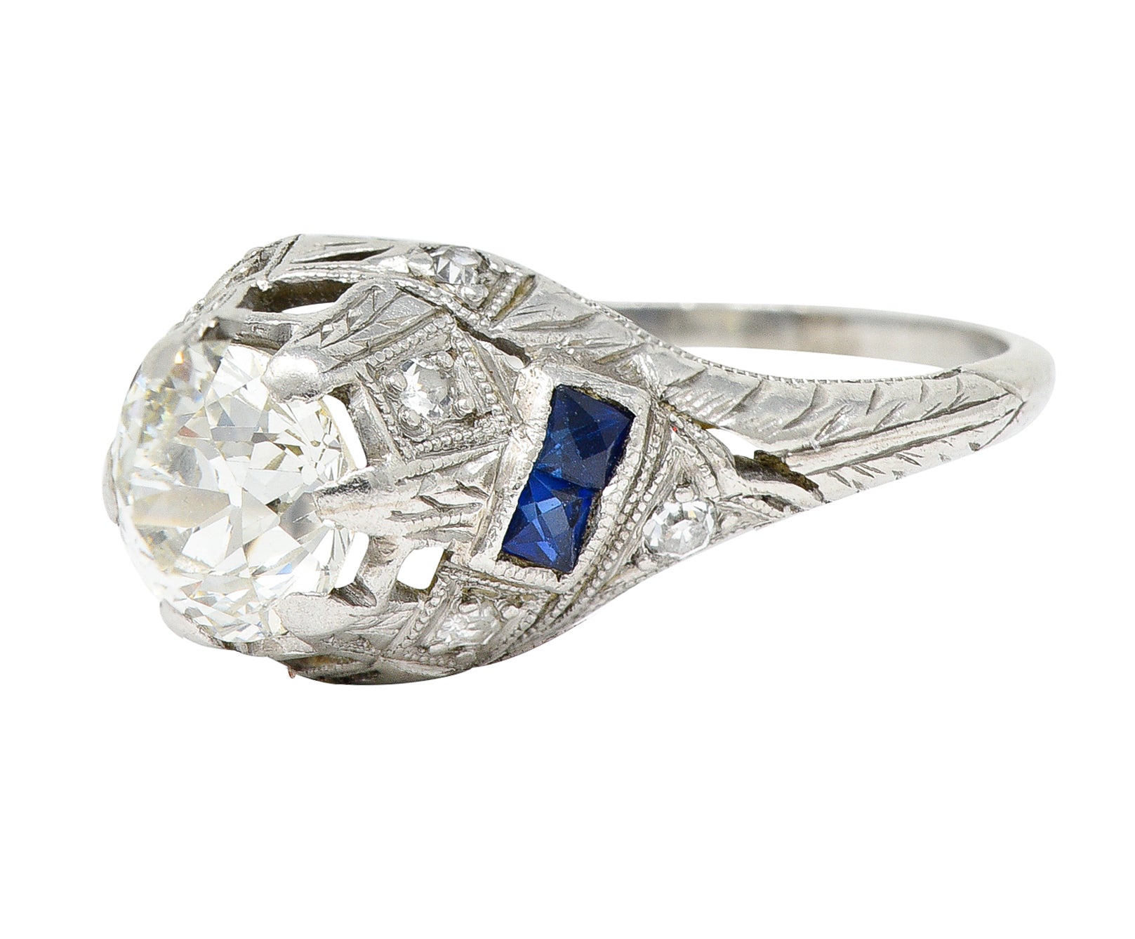 Art Deco 1.24 CTW Diamond Sapphire Platinum Foliate Engagement Ring Wilson's Estate Jewelry