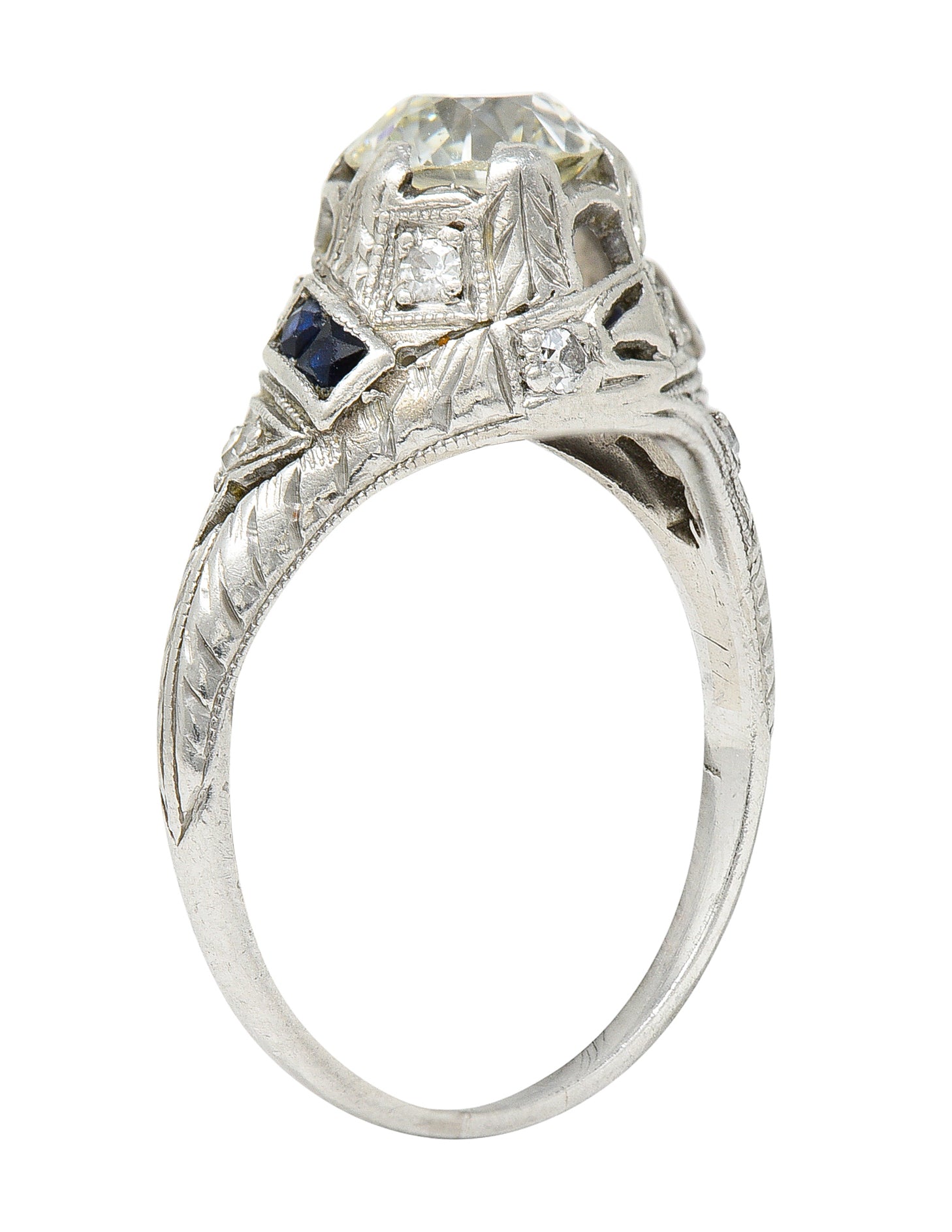 Art Deco 1.24 CTW Diamond Sapphire Platinum Foliate Engagement Ring Wilson's Estate Jewelry