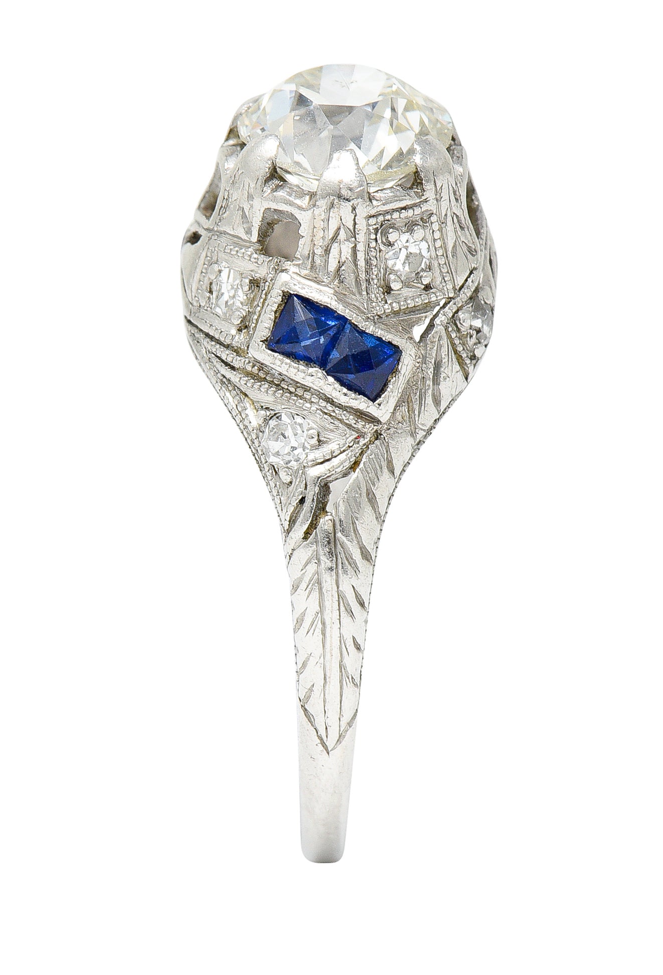 Art Deco 1.24 CTW Diamond Sapphire Platinum Foliate Engagement Ring Wilson's Estate Jewelry