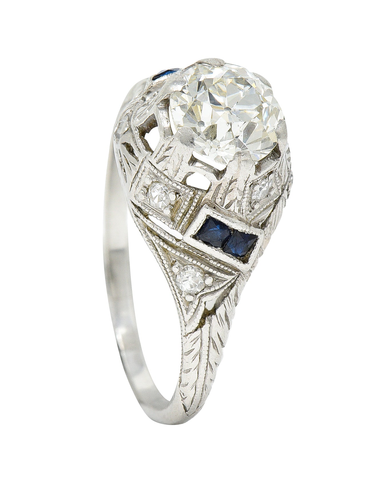 Art Deco 1.24 CTW Diamond Sapphire Platinum Foliate Engagement Ring Wilson's Estate Jewelry