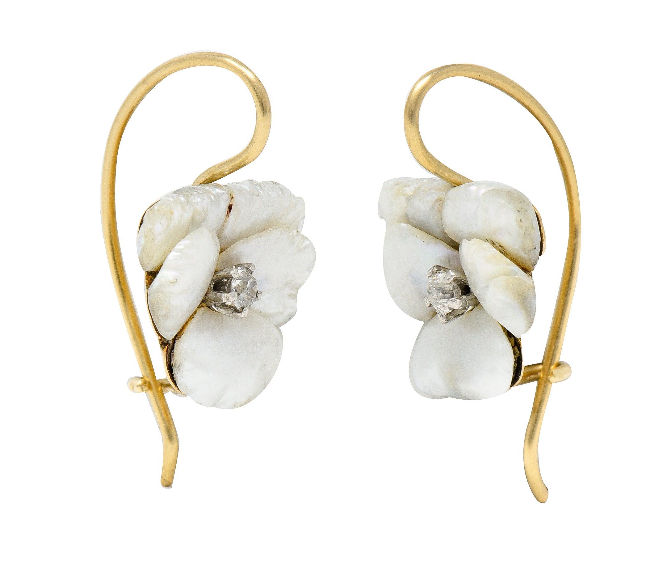 Art Nouveau Diamond Carved Mother-Of-Pearl 14 Karat Yellow Gold Pansy Antique Floral Earrings Wilson's Estate Jewelry