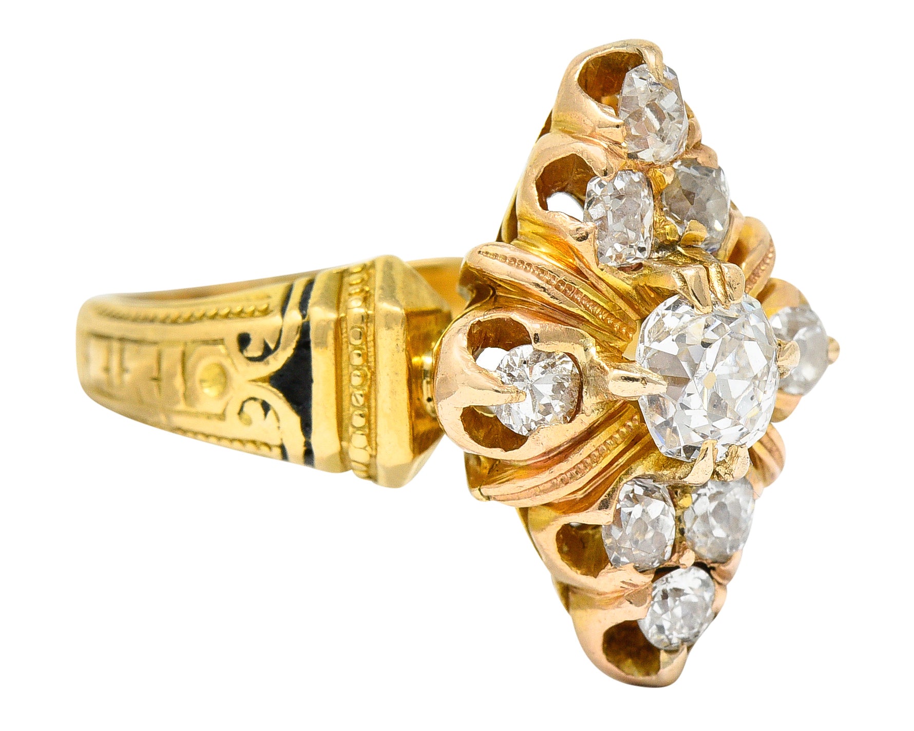 Art Deco 1.00 CTW Diamond Enamel 18 Karat Gold Navette Cluster RingRing - Wilson's Estate Jewelry