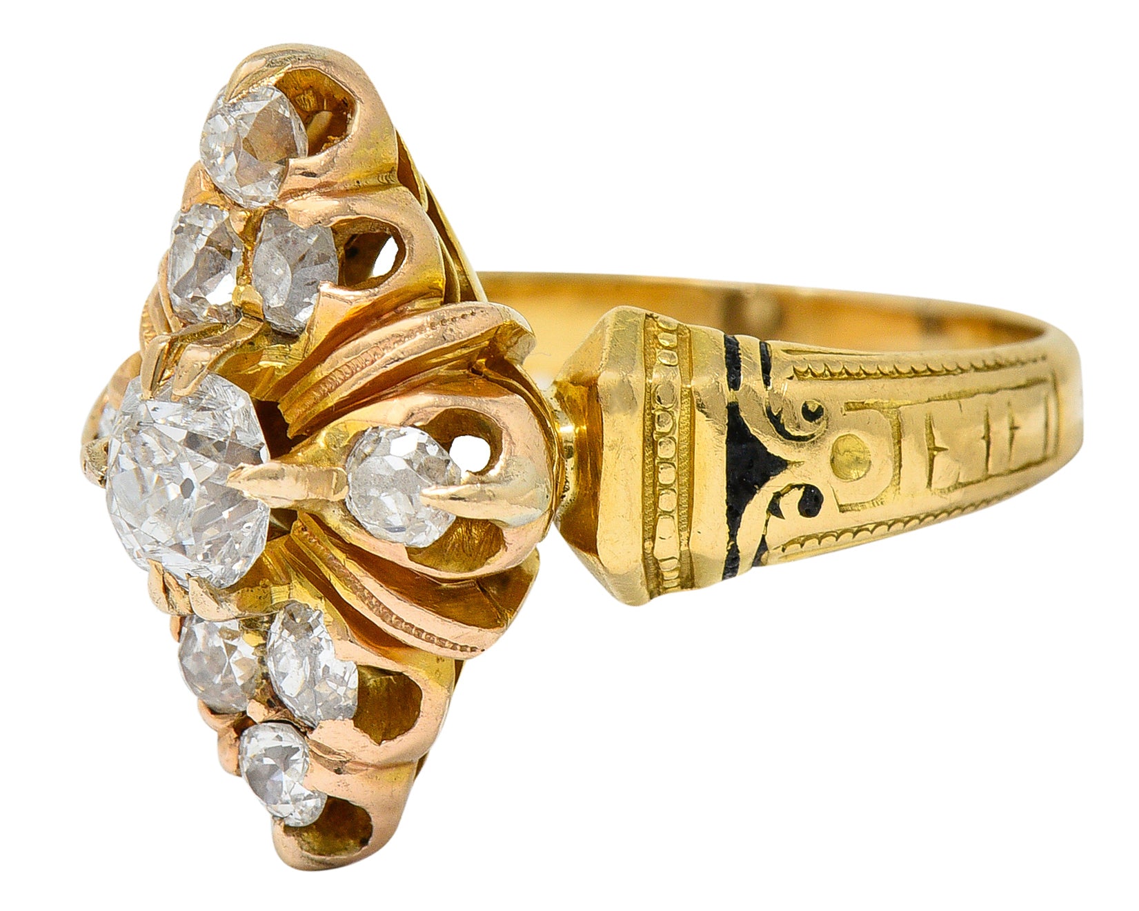 Art Deco 1.00 CTW Diamond Enamel 18 Karat Gold Navette Cluster RingRing - Wilson's Estate Jewelry