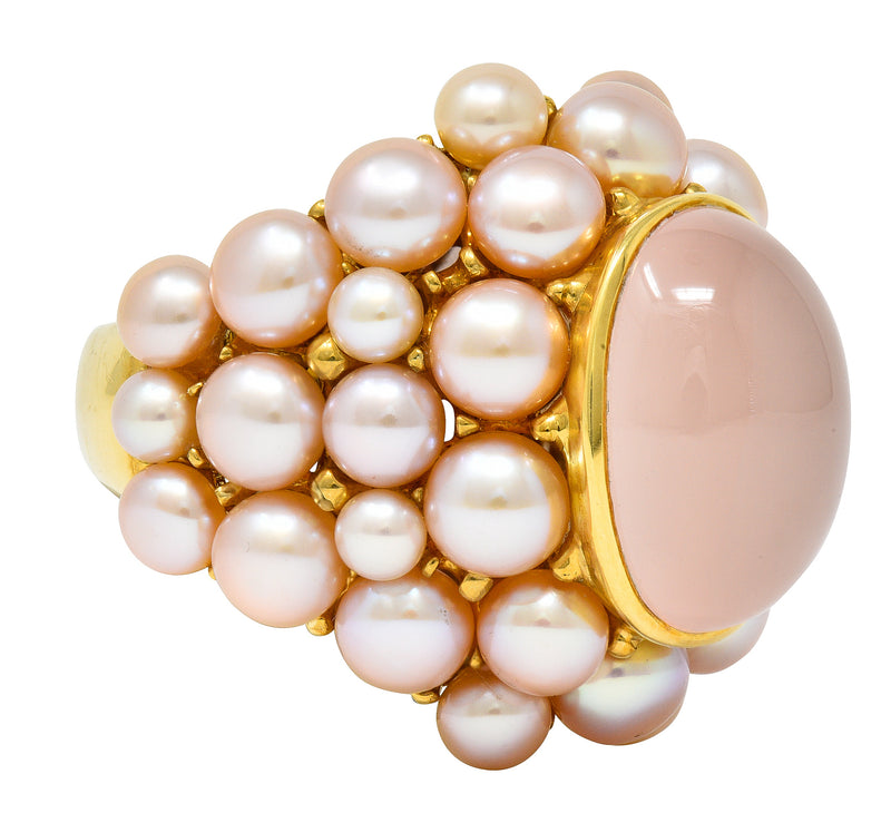 Mimi Milano Rose Quartz Pink Pearl 18 Karat Yellow Gold Cocktail Ring Wilson's Estate Jewelry