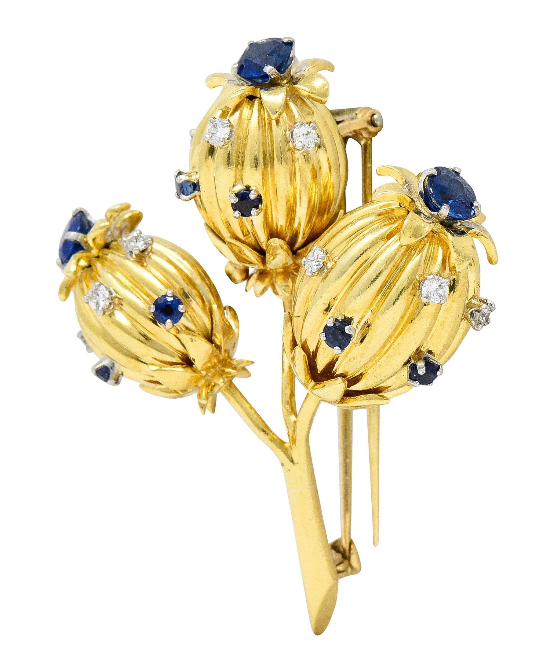 Schlumberger Tiffany & Co. Mid-Century 1.67 CTW Sapphire Diamond 18 Karat Yellow Gold Vintage Thistle Brooch Wilson's Estate Jewelry