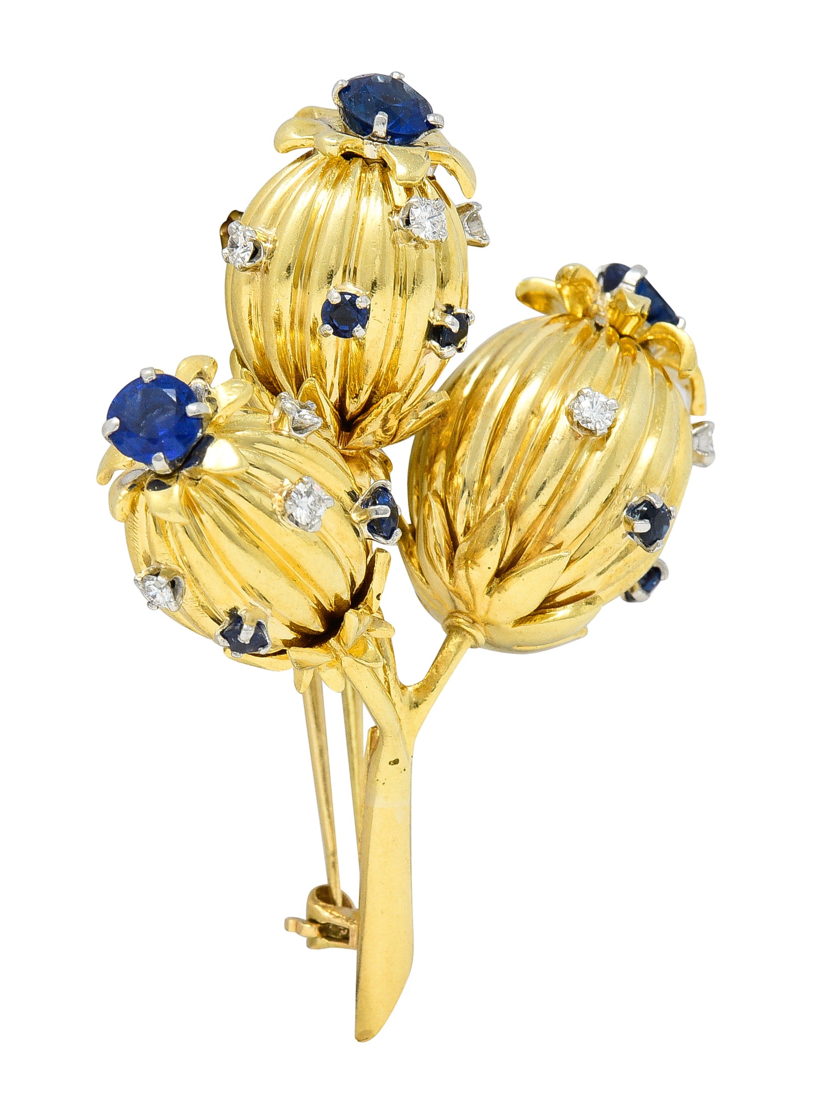 Schlumberger Tiffany & Co. Mid-Century 1.67 CTW Sapphire Diamond 18 Karat Yellow Gold Vintage Thistle Brooch Wilson's Estate Jewelry