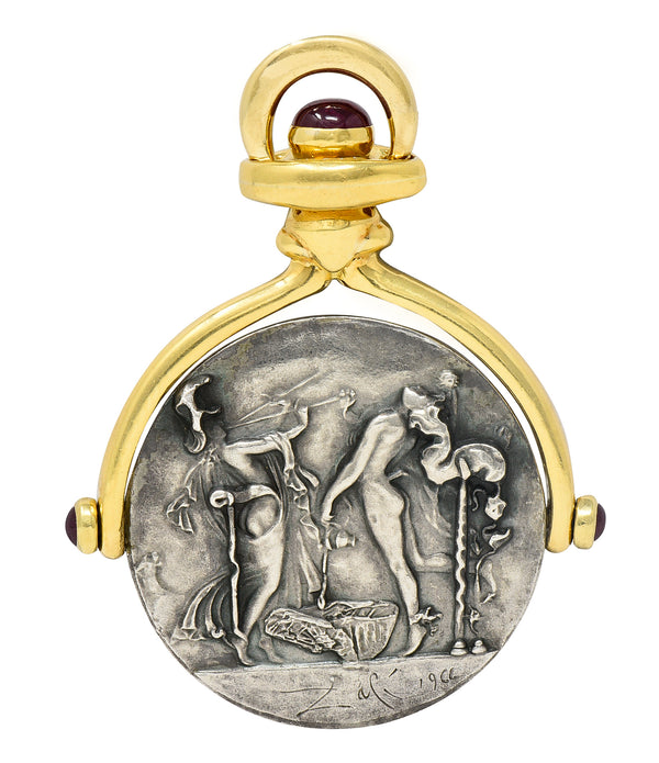 Salvador Dali Ruby 18 Karat Gold Silver Dionysus Athena Flip Coin Pendant