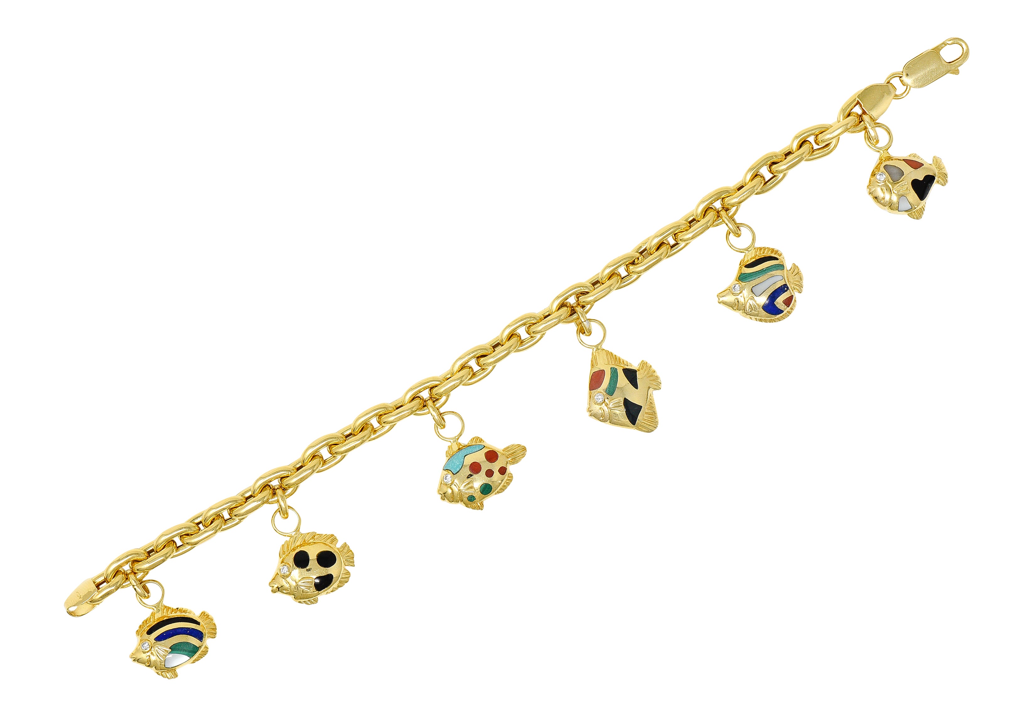 Grossbardt Diamond Inlaid Multi-Gem 18K Yellow Gold Fish Vintage Charm Bracelet