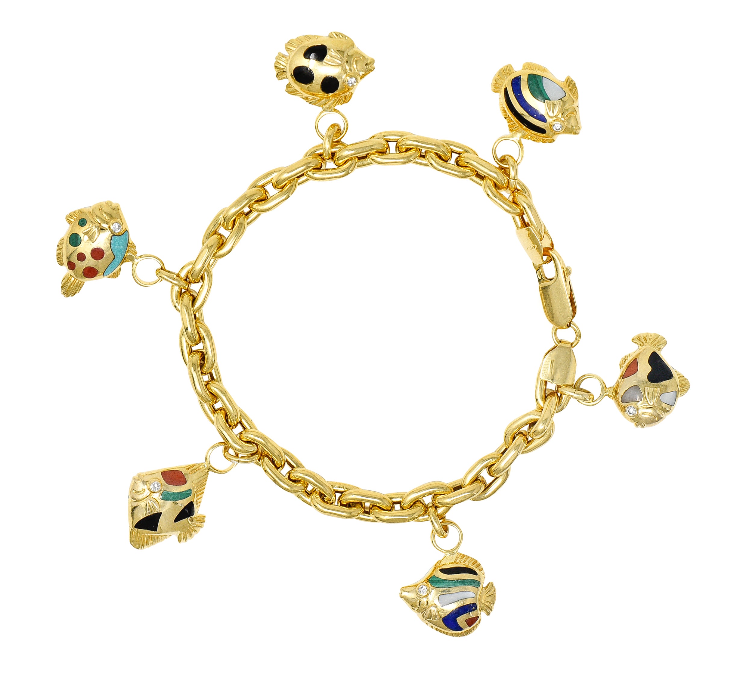 Grossbardt Diamond Inlaid Multi-Gem 18K Yellow Gold Fish Vintage Charm Bracelet