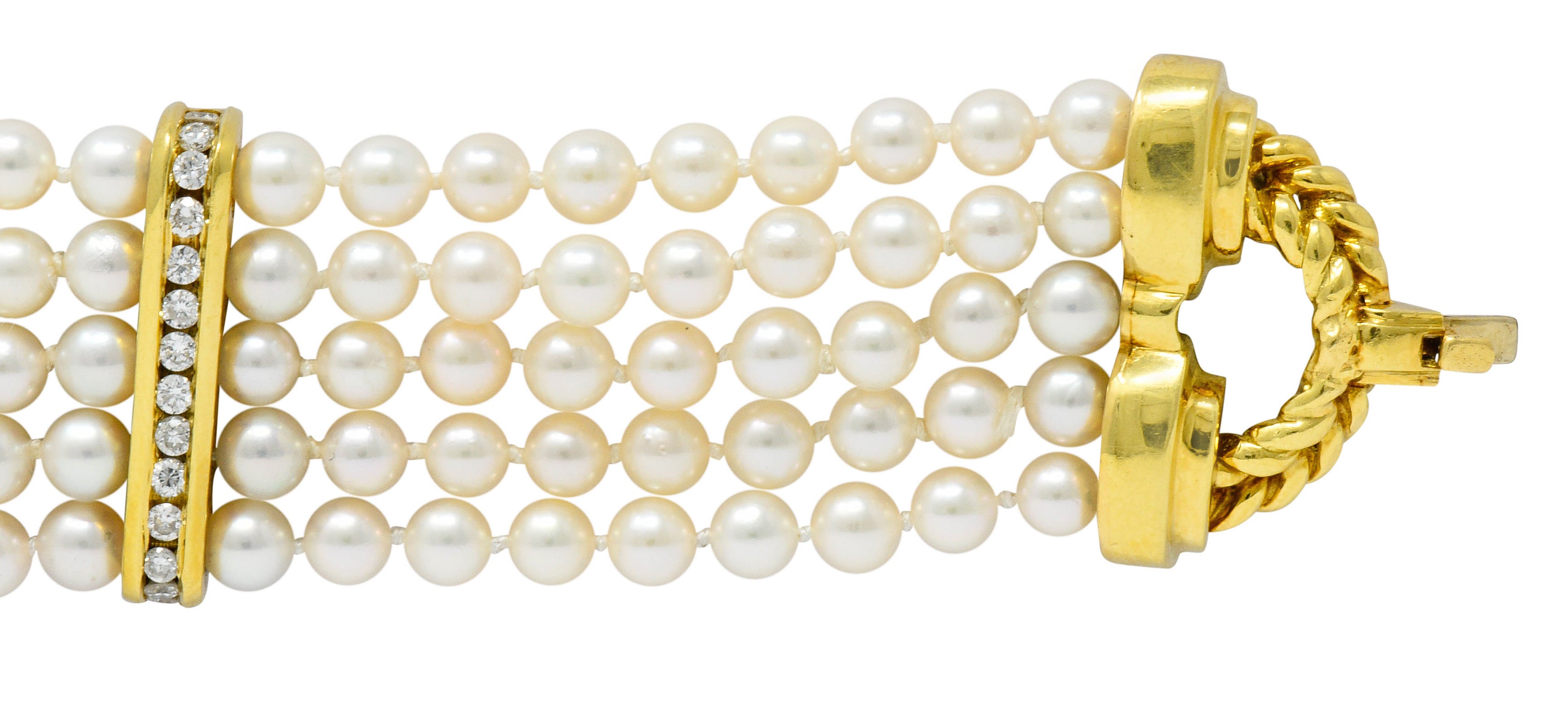 Contemporary Diamond Cultured Pearl 18 Karat Gold Five Strand Braceletbracelet - Wilson's Estate Jewelry