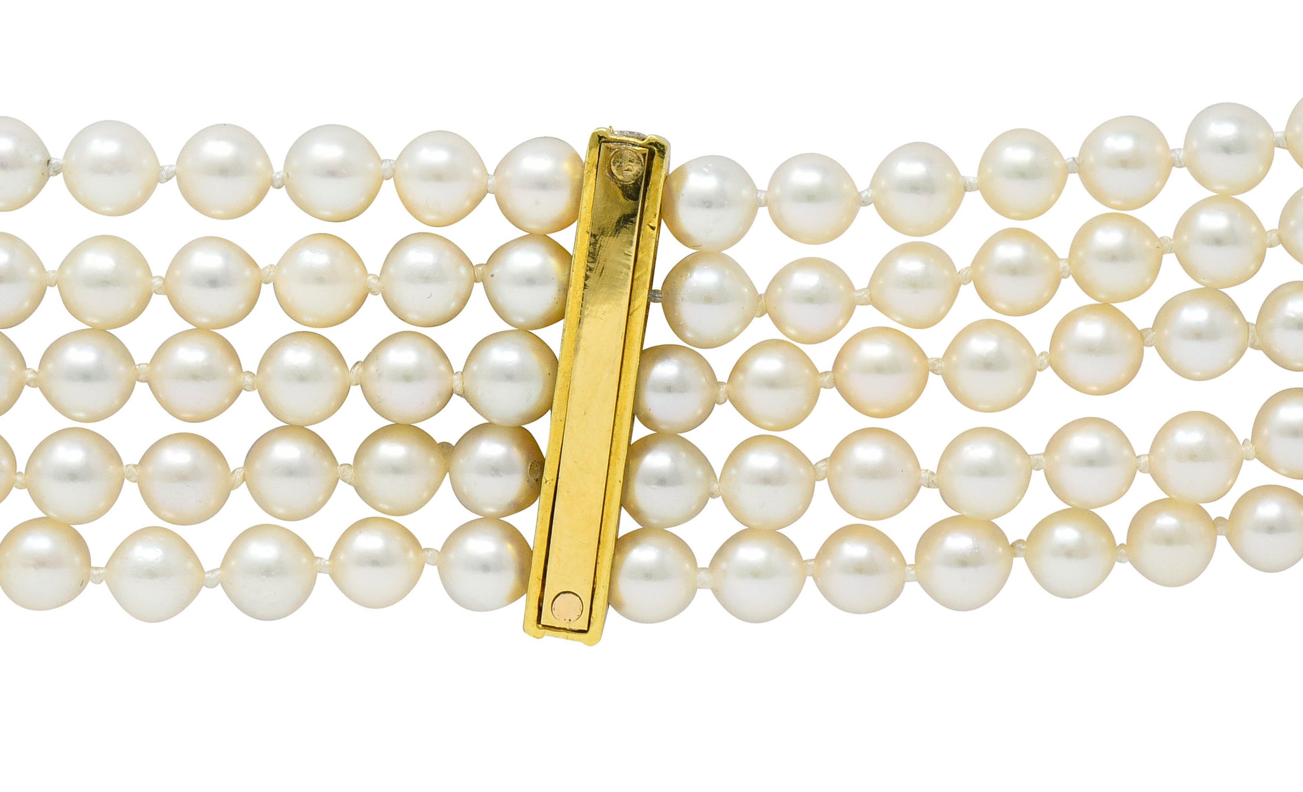 Contemporary Diamond Cultured Pearl 18 Karat Gold Five Strand Braceletbracelet - Wilson's Estate Jewelry