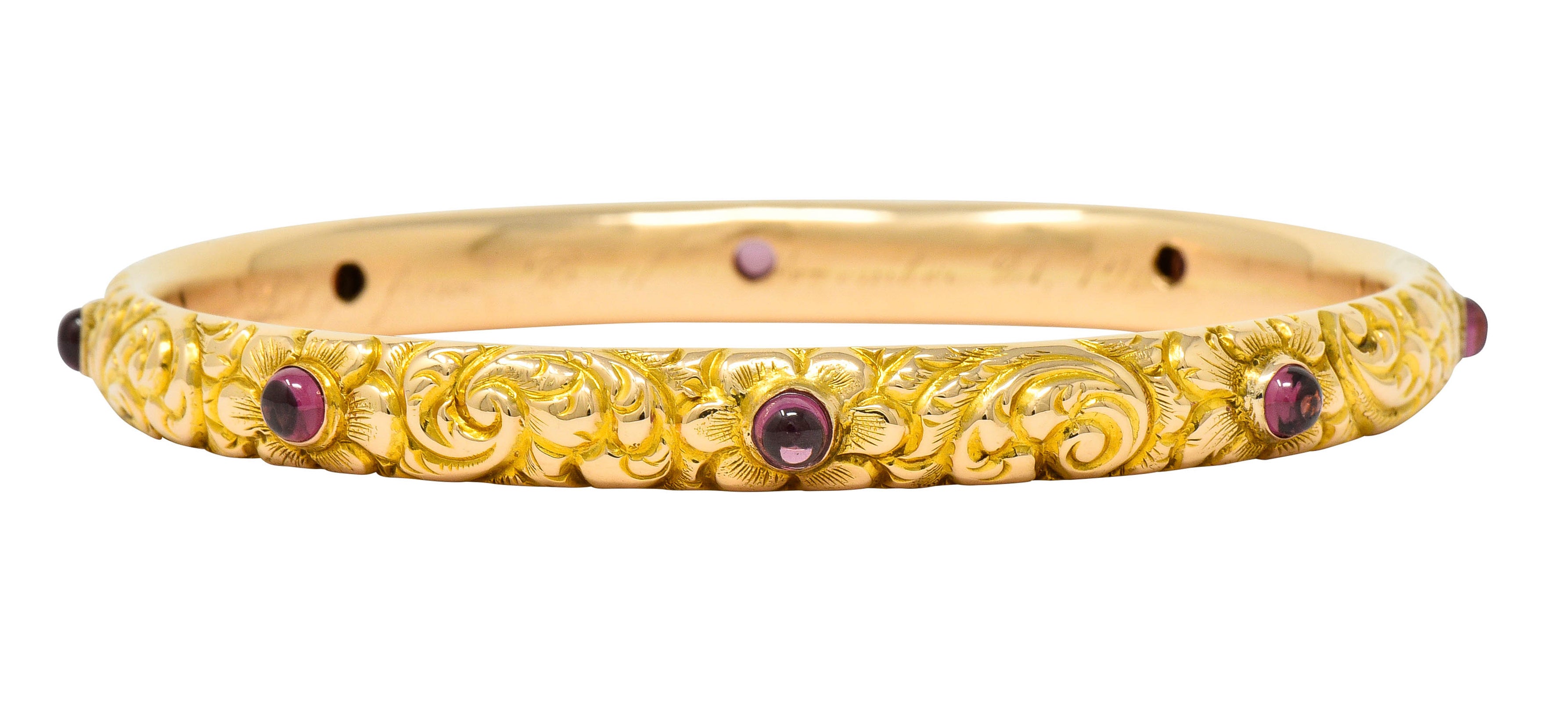 1900's Victorian Garnet Cabochon 14 Karat Gold Floral Foliate Bangle Bracelet - Wilson's Estate Jewelry