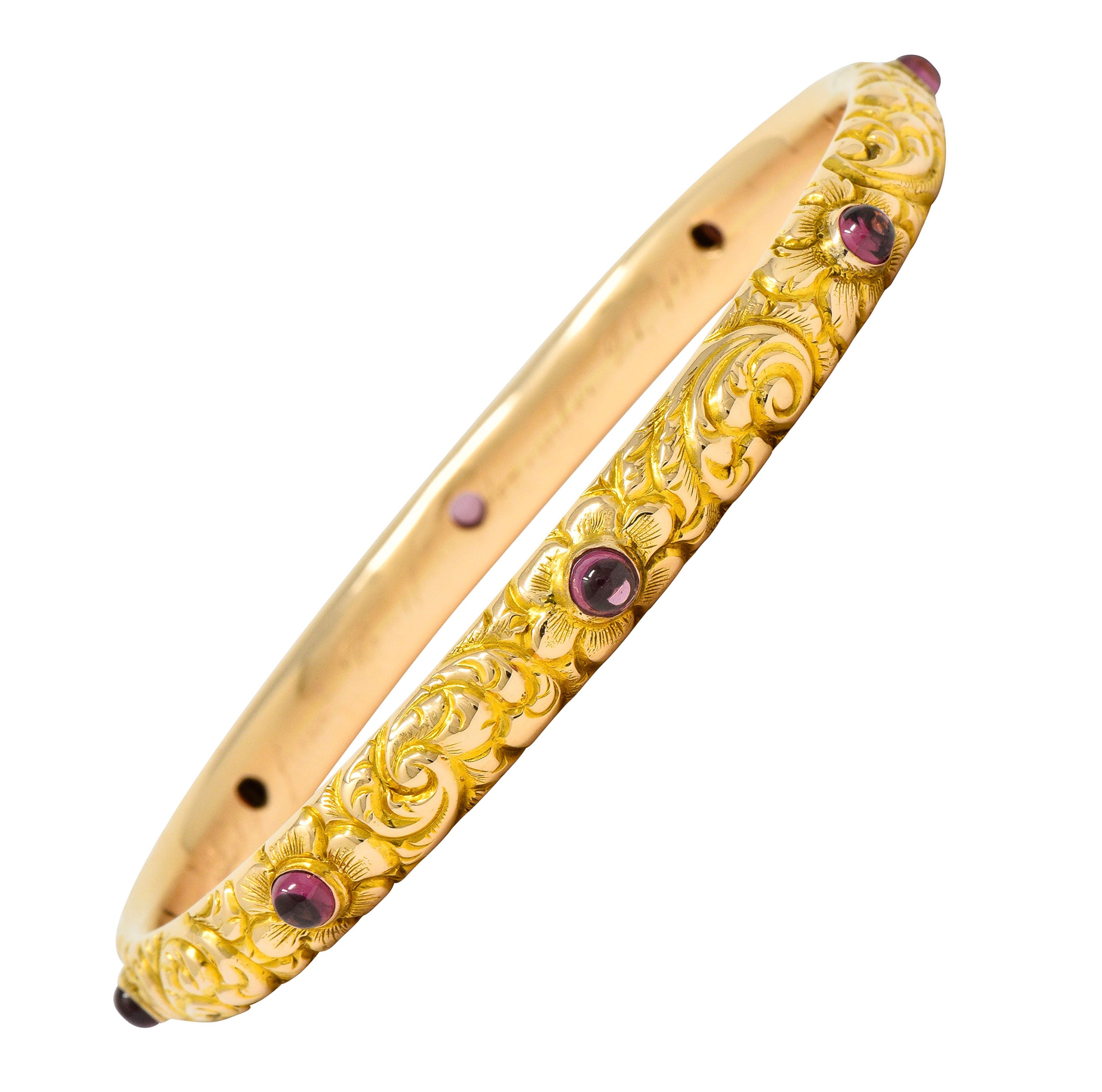 1900's Victorian Garnet Cabochon 14 Karat Gold Floral Foliate Bangle Bracelet - Wilson's Estate Jewelry