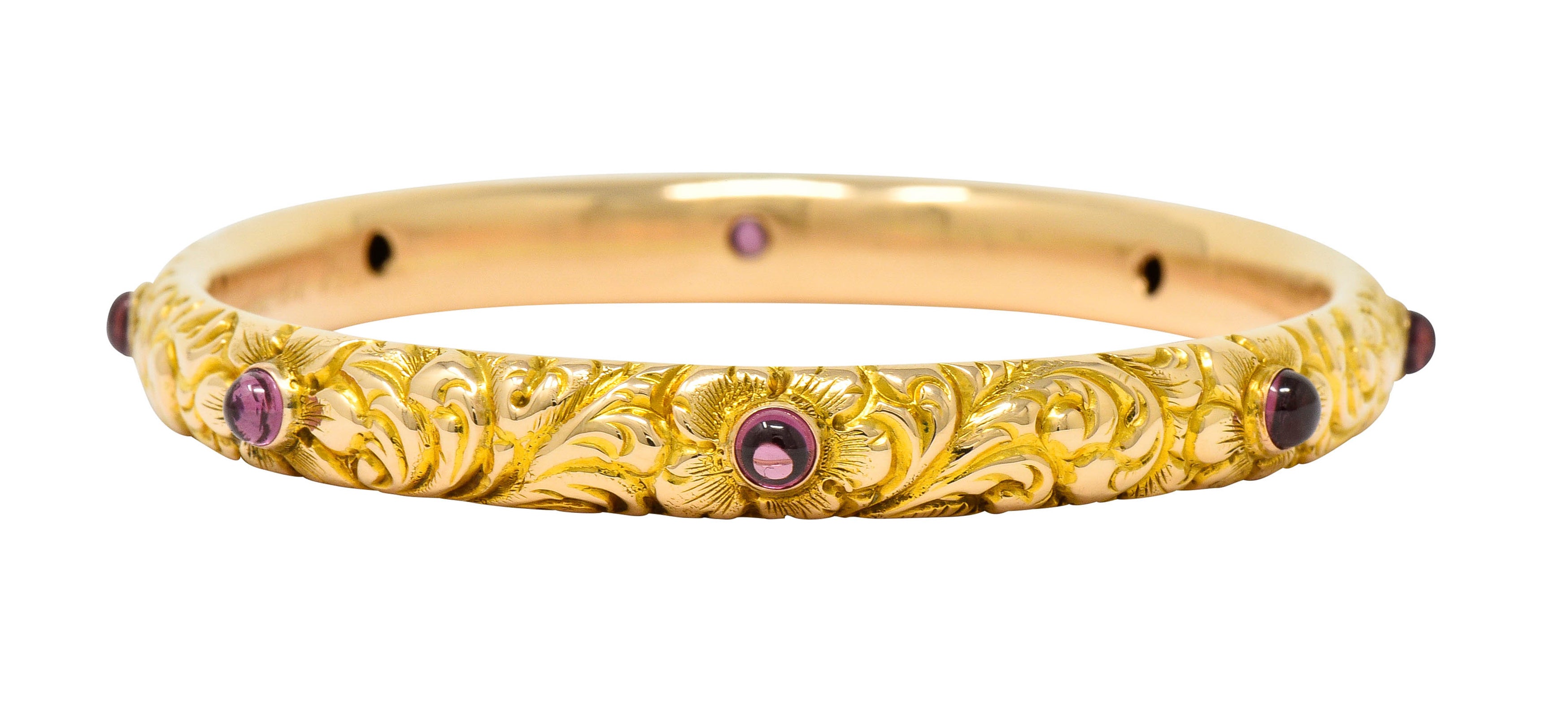1900's Victorian Garnet Cabochon 14 Karat Gold Floral Foliate Bangle Bracelet - Wilson's Estate Jewelry