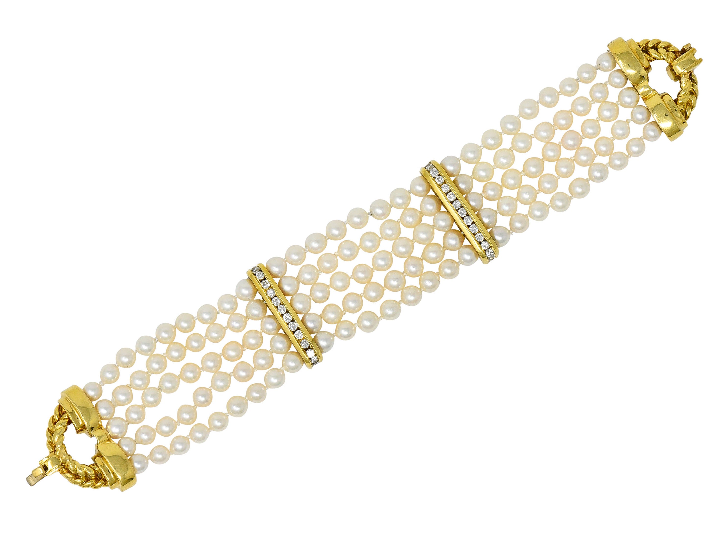 Contemporary Diamond Cultured Pearl 18 Karat Gold Five Strand Braceletbracelet - Wilson's Estate Jewelry