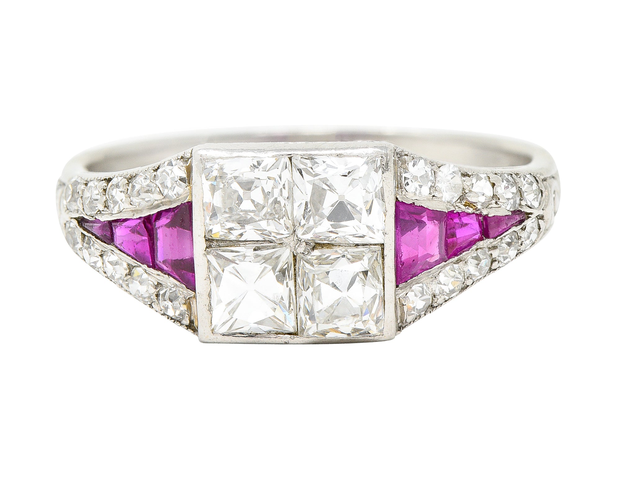 Art Deco 1.77 CTW French Cut Diamond Ruby Platinum Mystery Set Engagement Ring Wilson's Estate Jewelry