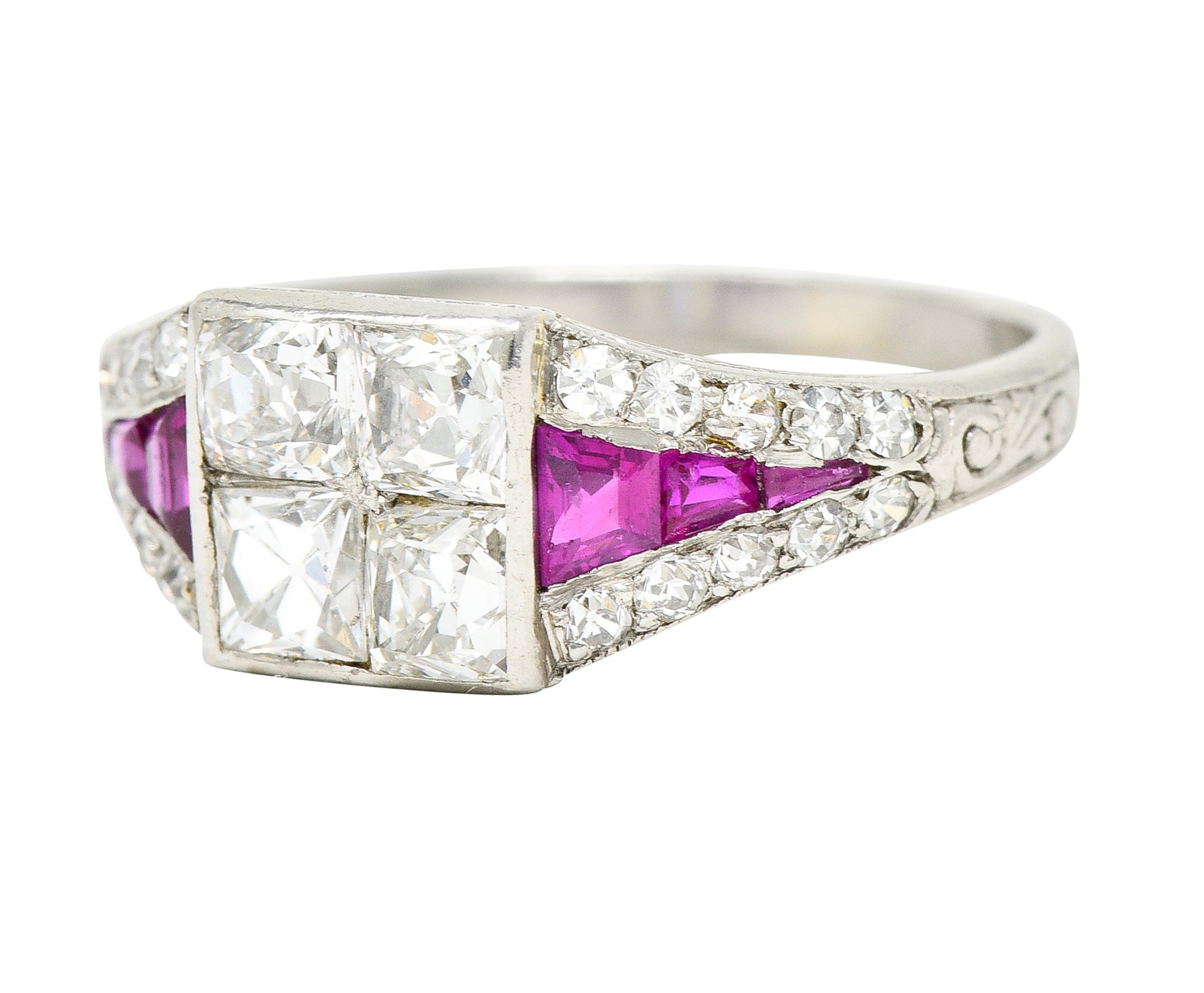 Art Deco 1.77 CTW French Cut Diamond Ruby Platinum Mystery Set Engagement Ring Wilson's Estate Jewelry