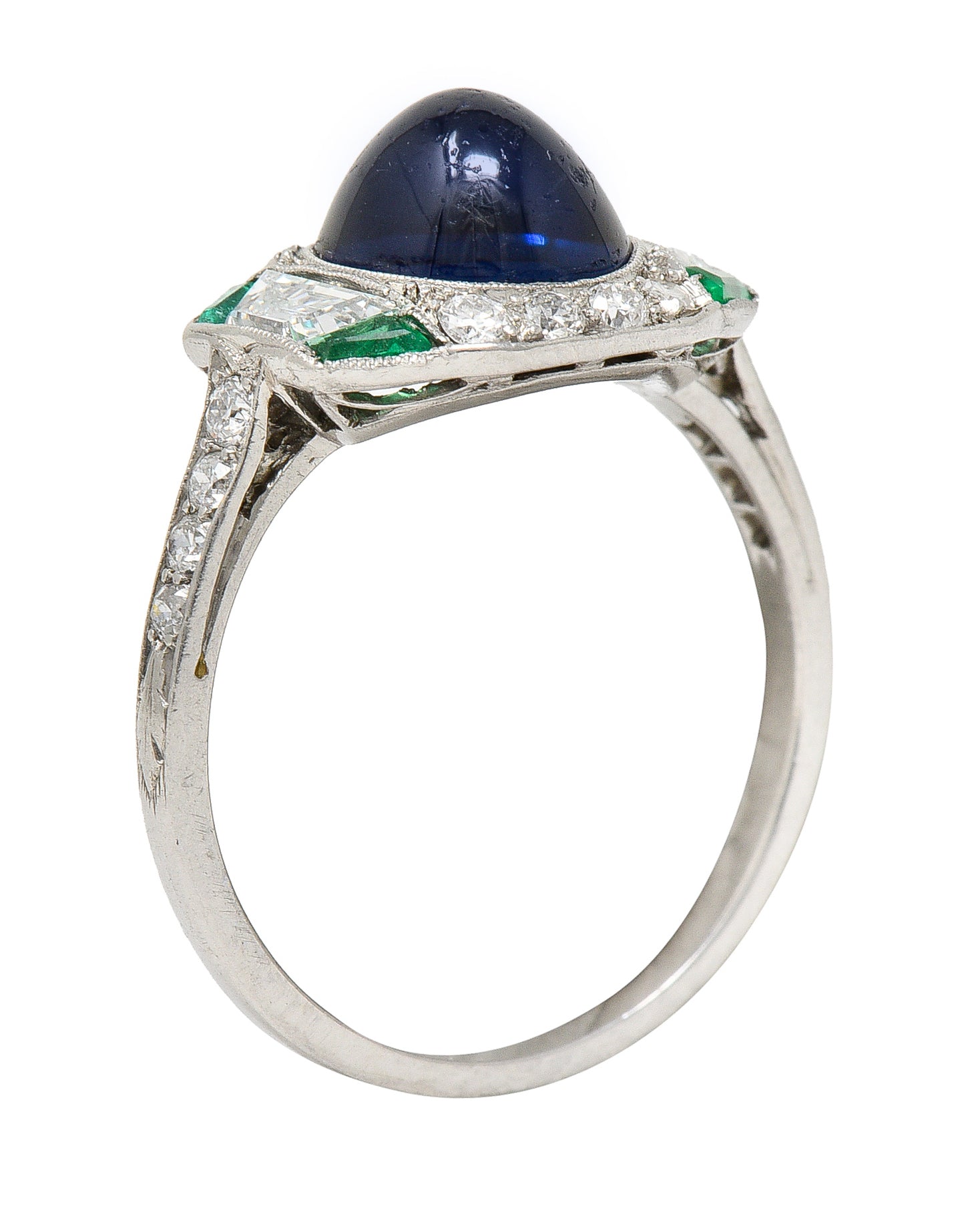 Art Deco 3.60 CTW No Heat Cambodian Sapphire Cabochon Emerald Diamond Geometric Foliate Dinner Ring GIA Wilson's Estate Jewelry