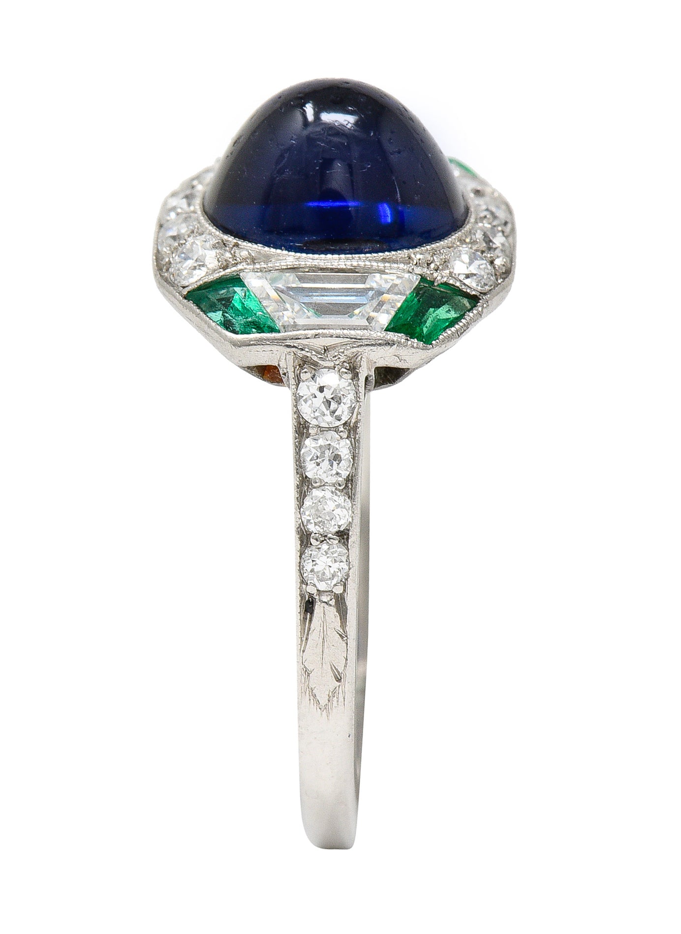 Art Deco 3.60 CTW No Heat Cambodian Sapphire Cabochon Emerald Diamond Geometric Foliate Dinner Ring GIA Wilson's Estate Jewelry