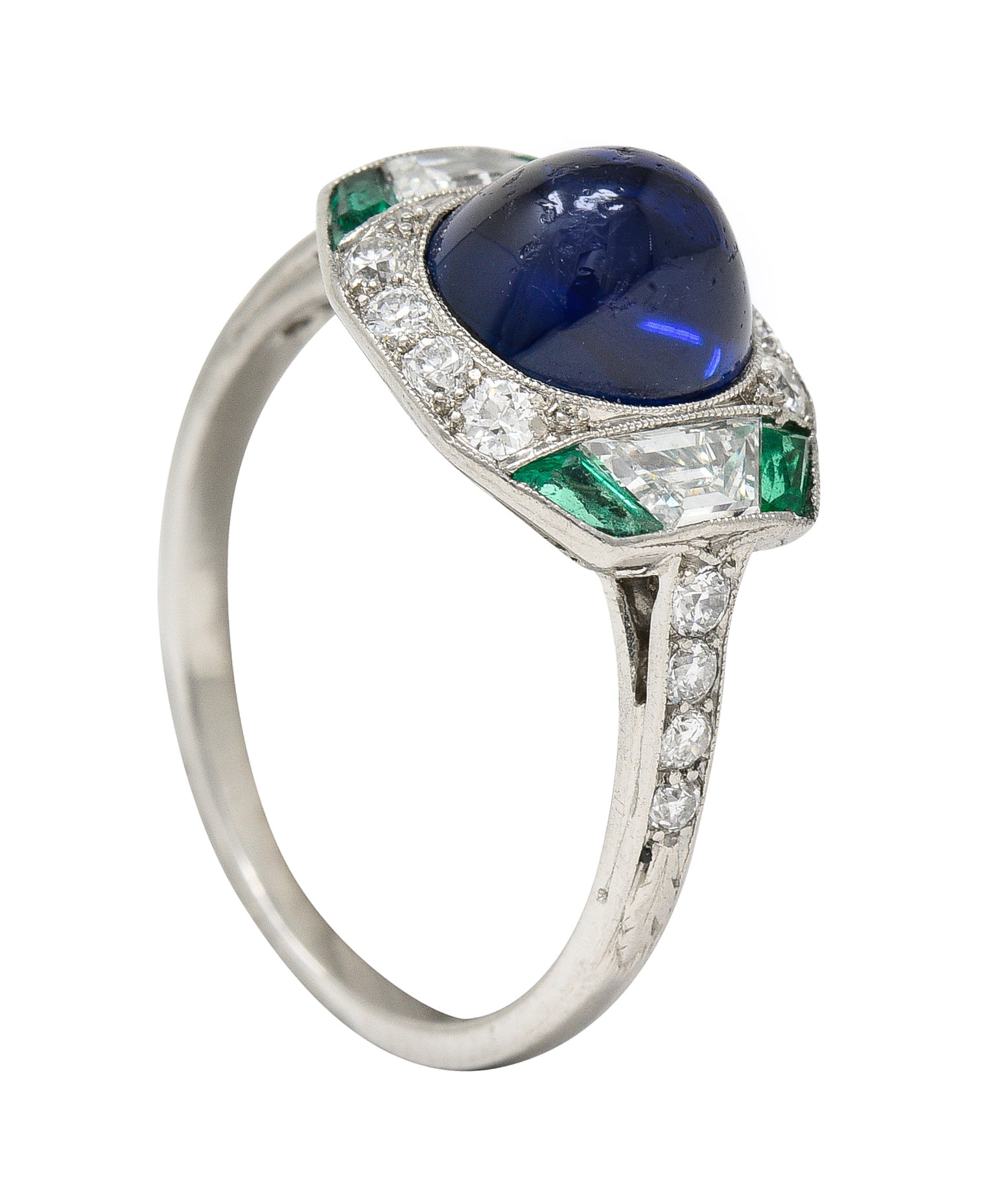 Art Deco 3.60 CTW No Heat Cambodian Sapphire Cabochon Emerald Diamond Geometric Foliate Dinner Ring GIA Wilson's Estate Jewelry