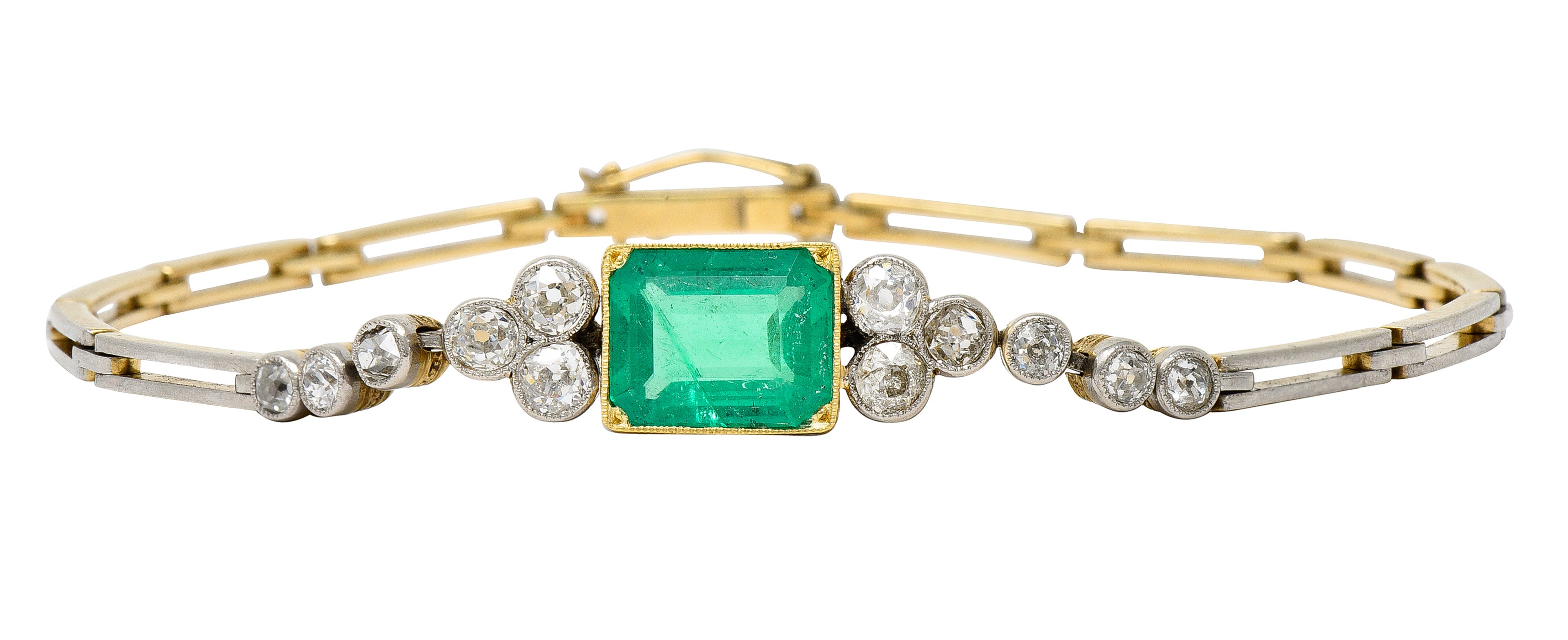 Art Deco 4.22 CTW Emerald Diamond Platinum-Topped 18 Karat Yellow Gold Vintage Link Bracelet Wilson's Estate Jewelry