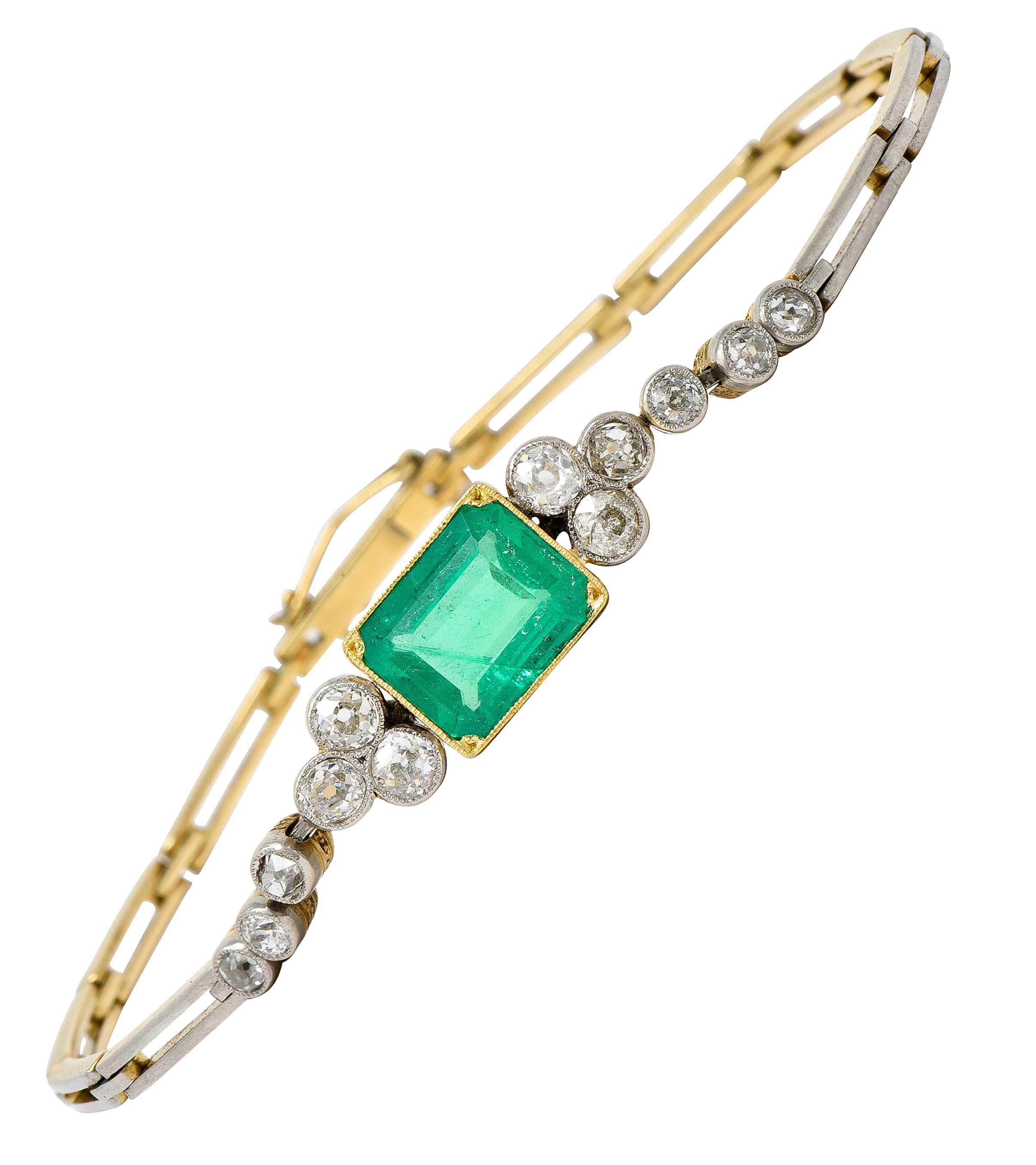 Art Deco 4.22 CTW Emerald Diamond Platinum-Topped 18 Karat Yellow Gold Vintage Link Bracelet Wilson's Estate Jewelry