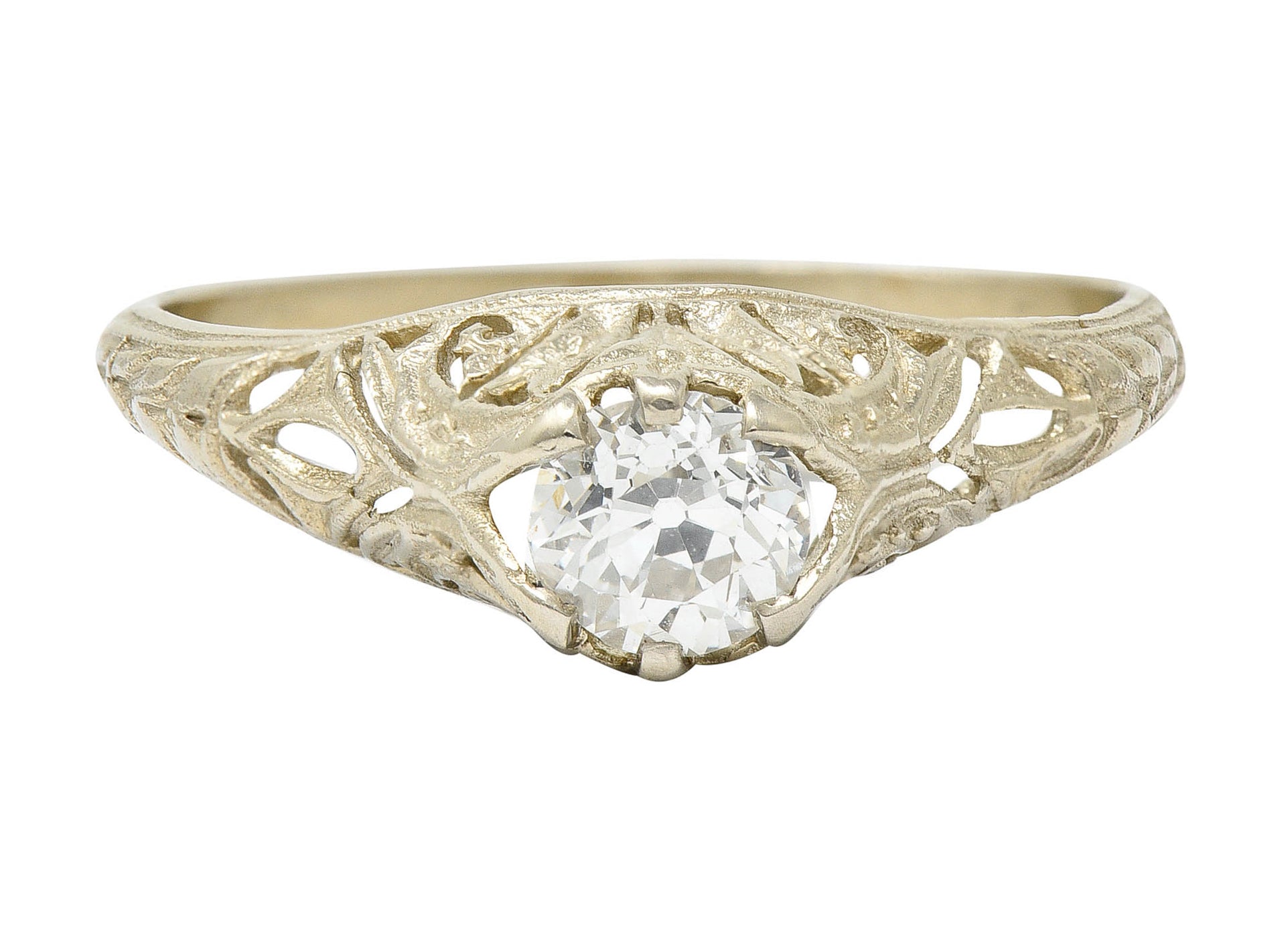 1920's Art Deco 0.48 CTW Diamond 18 Karat White Gold Foliate Engagement RingRing - Wilson's Estate Jewelry