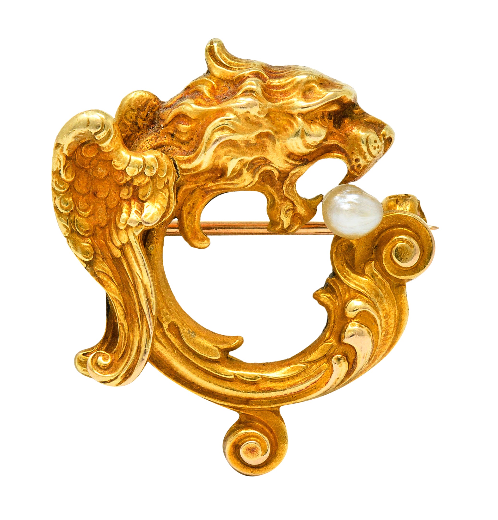 Whiteside & Blank Art Nouveau Baroque Pearl 14 Karat Gold Winged Lion Brooch - Wilson's Estate Jewelry