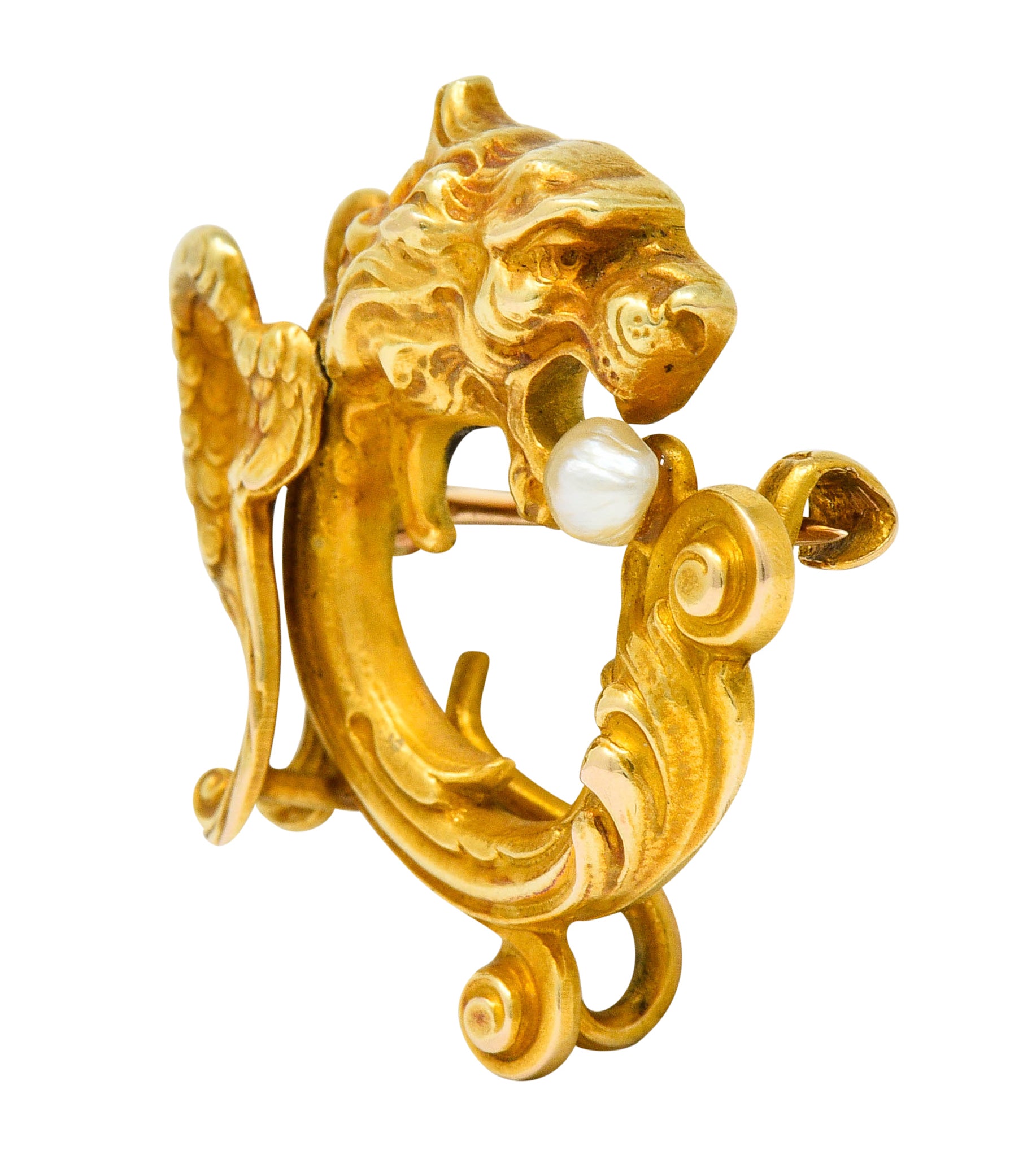 Whiteside & Blank Art Nouveau Baroque Pearl 14 Karat Gold Winged Lion Brooch - Wilson's Estate Jewelry